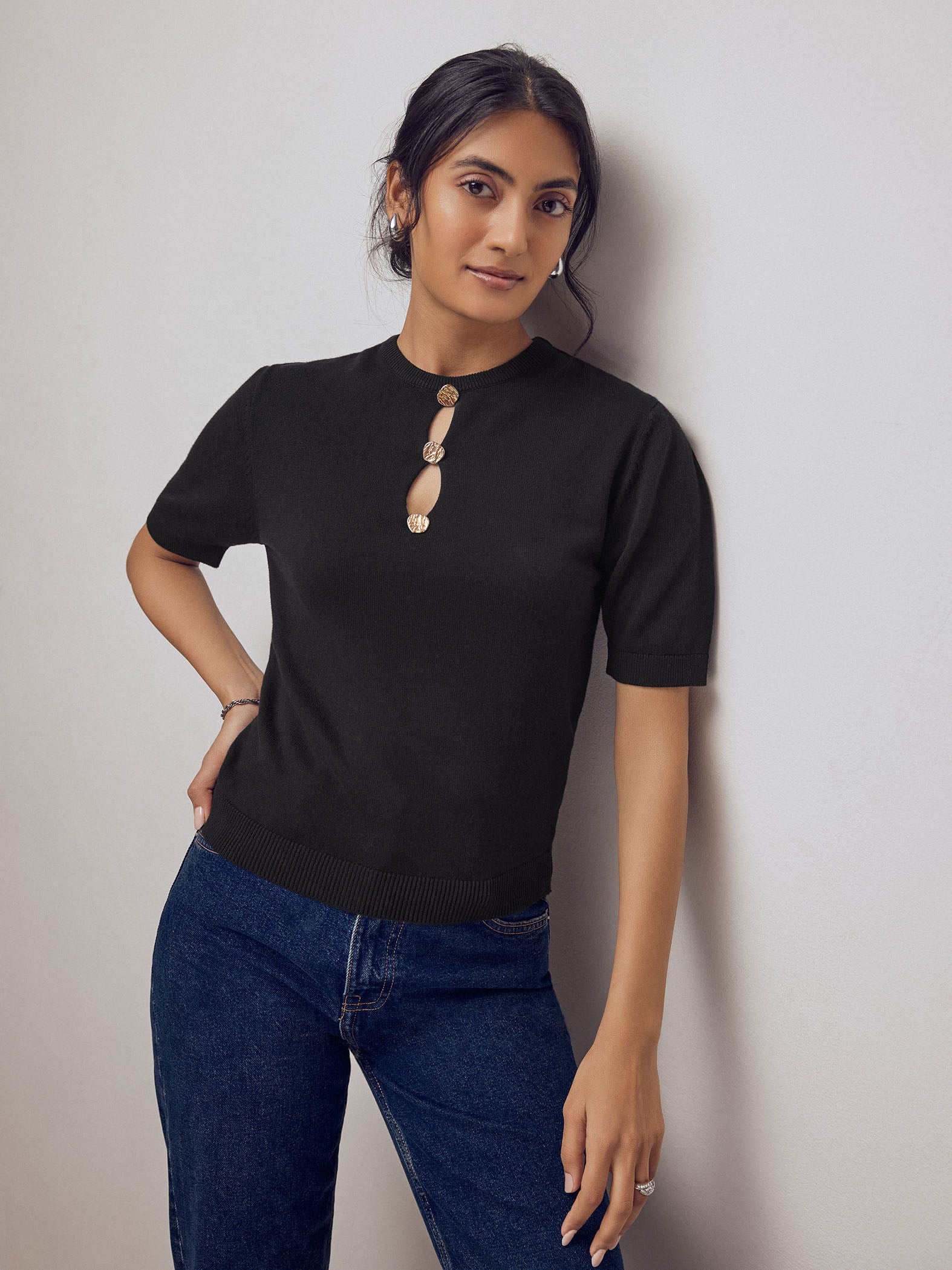 Black Button Detail Knit Top