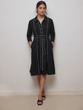 Black Contrast Piping Belted Dress
