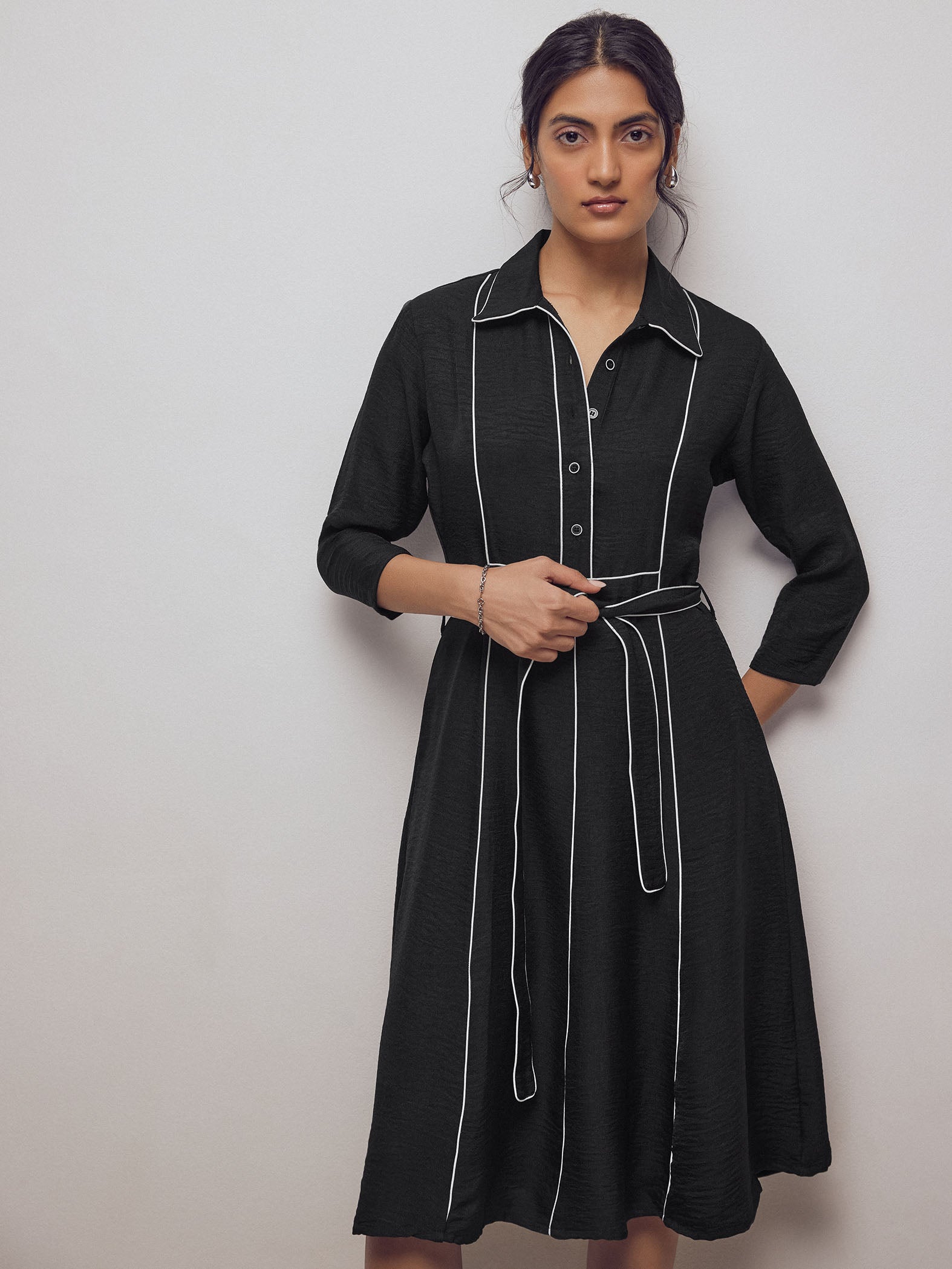 Black Contrast Piping Belted Dress
