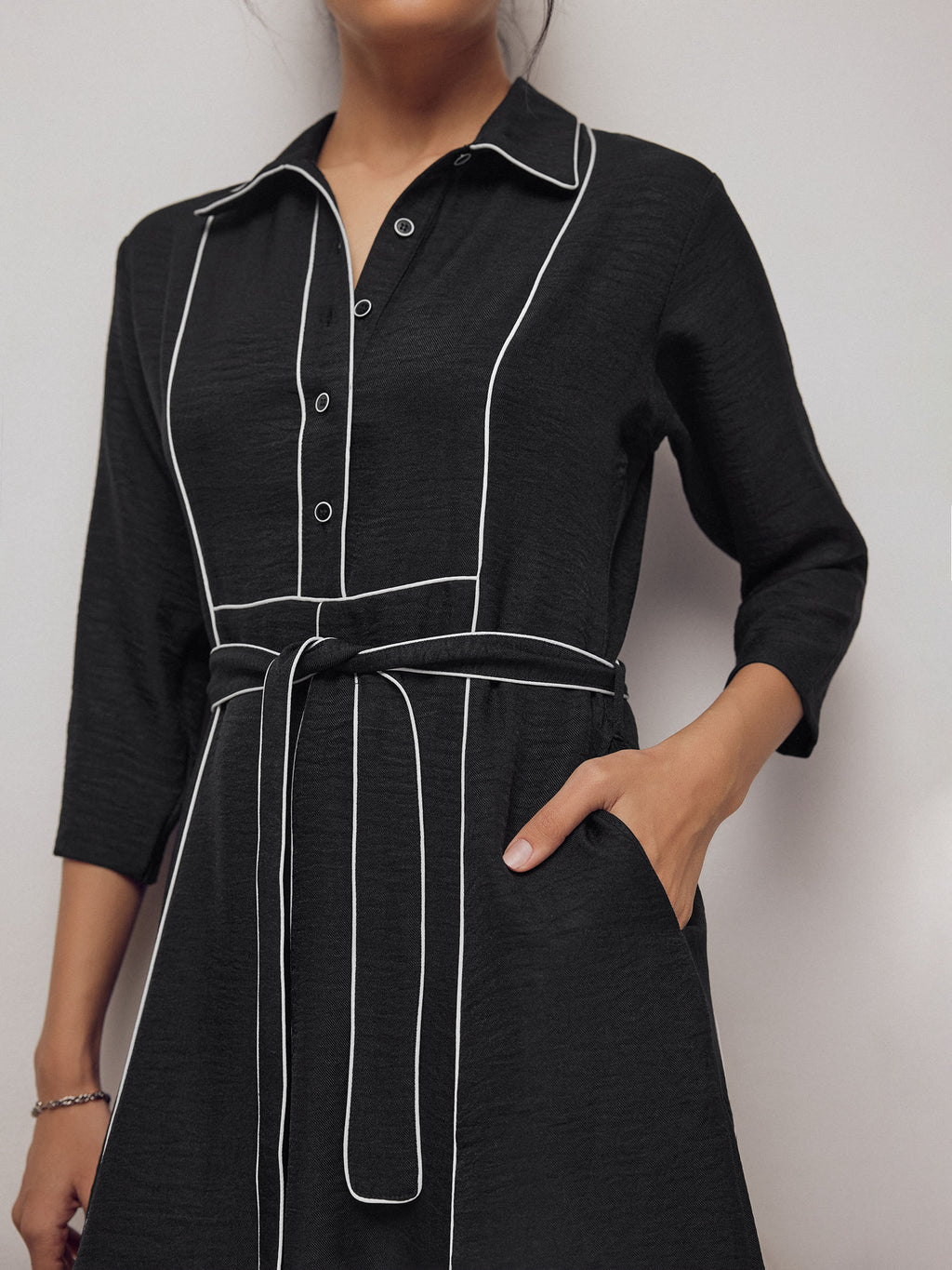 Black Contrast Piping Belted Dress
