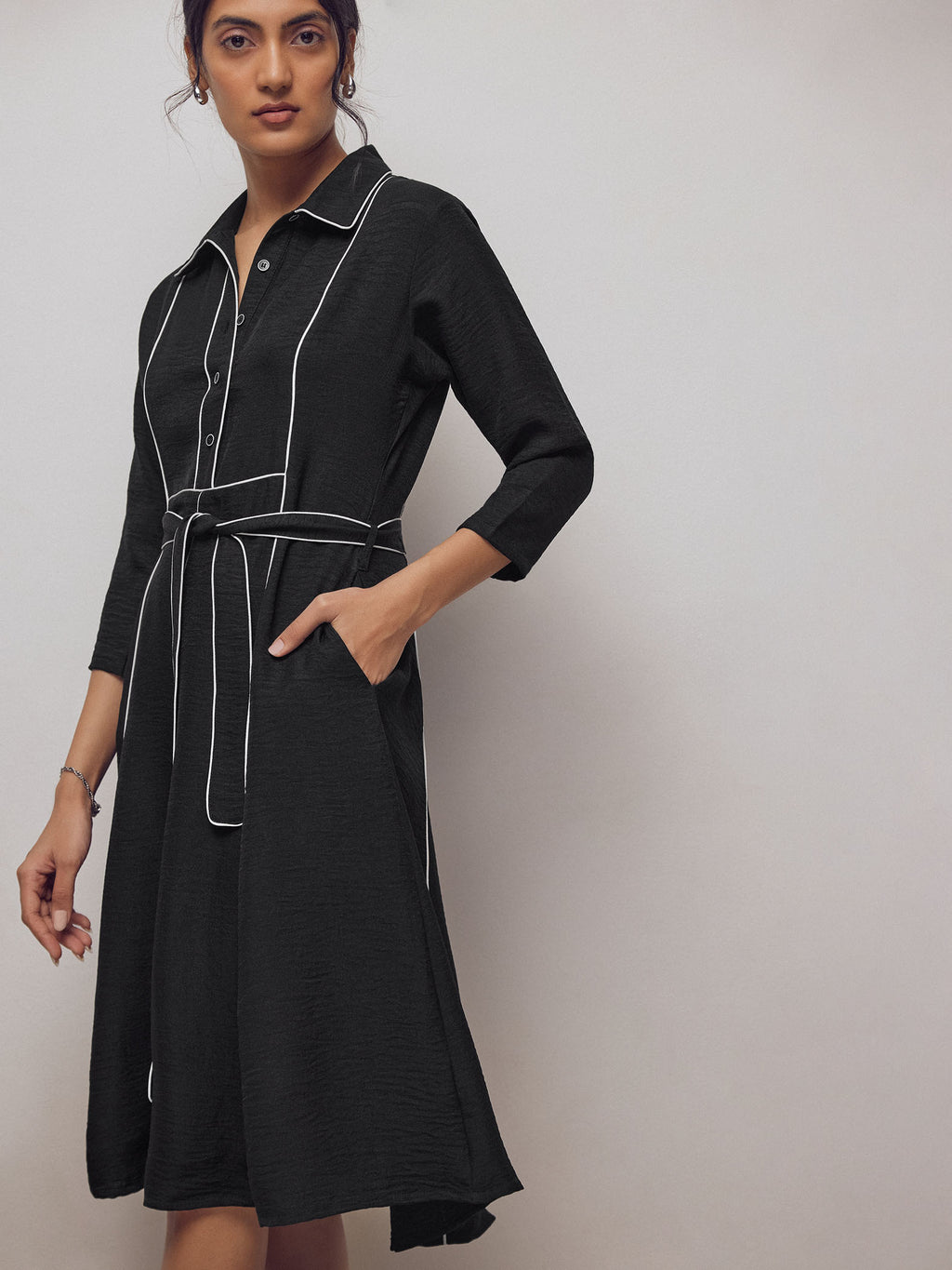Black Contrast Piping Belted Dress