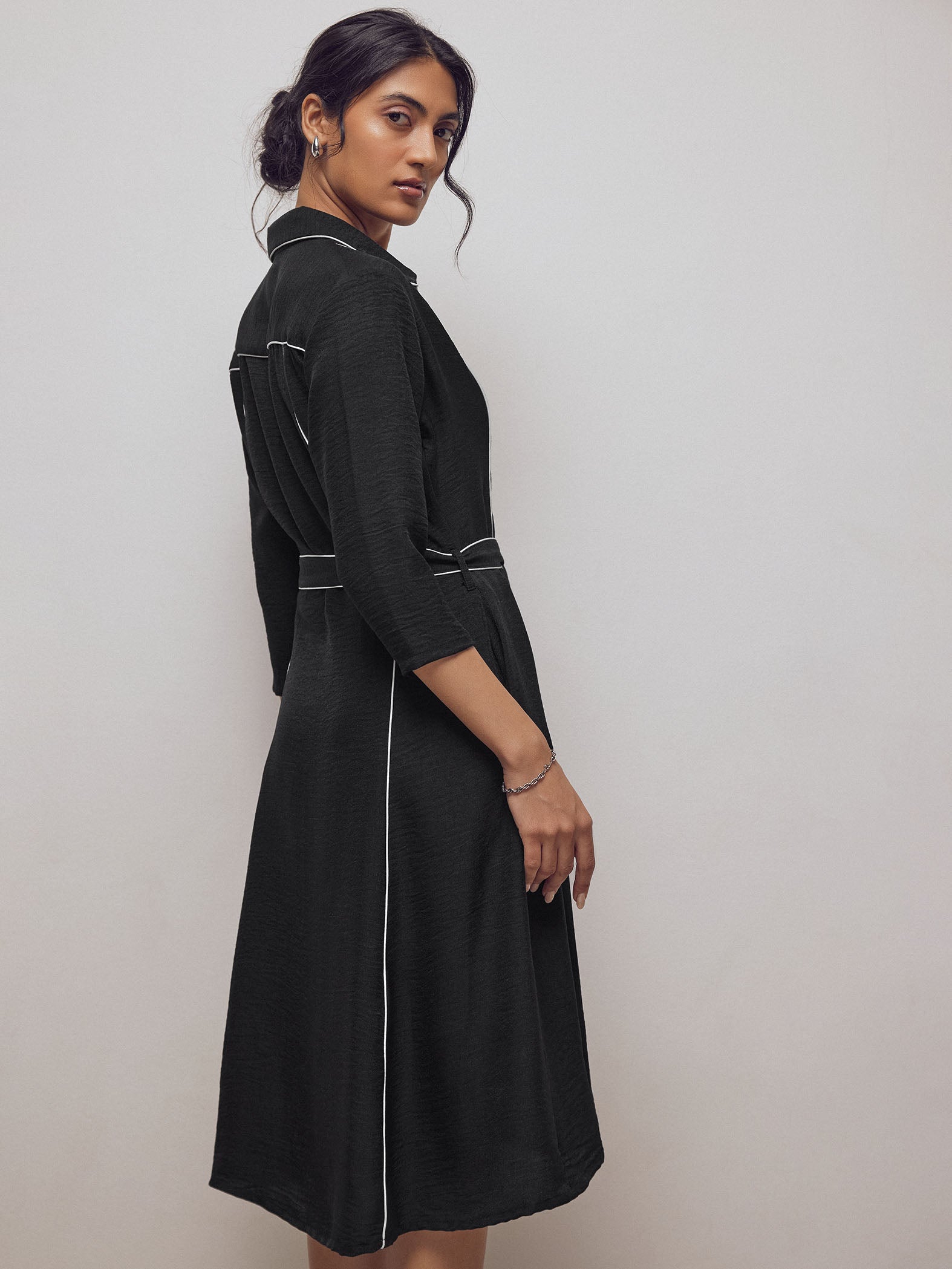 Black Contrast Piping Belted Dress