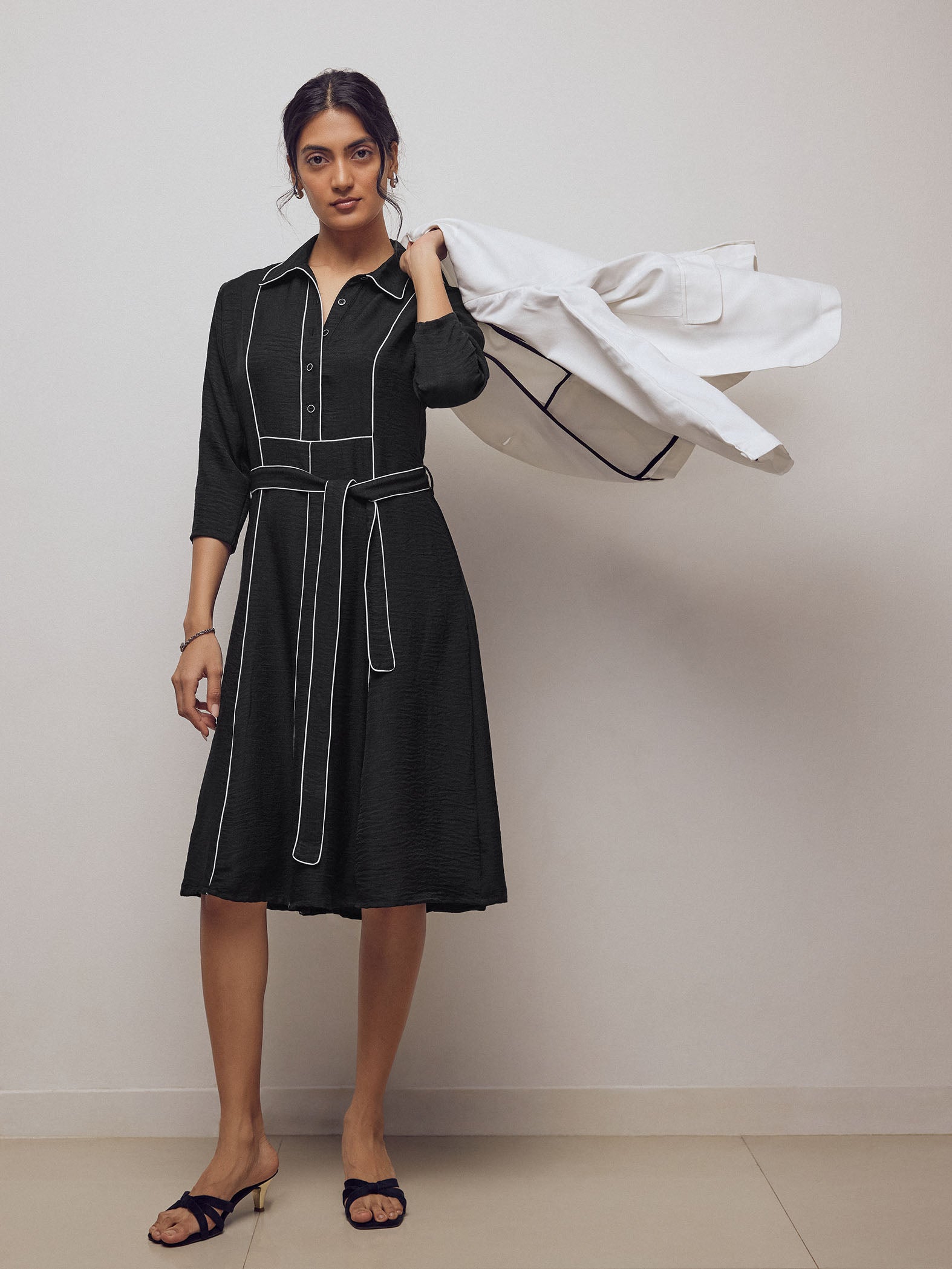 Black Contrast Piping Belted Dress