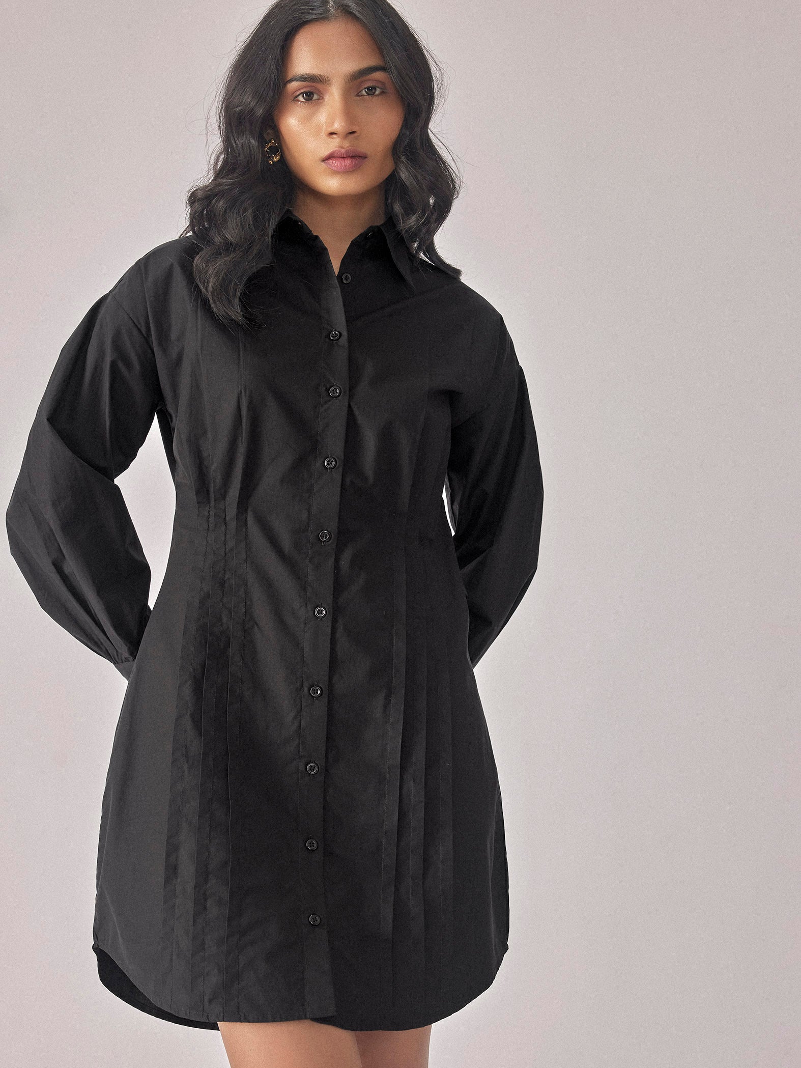 Black Cotton Pleated Shirt Dress