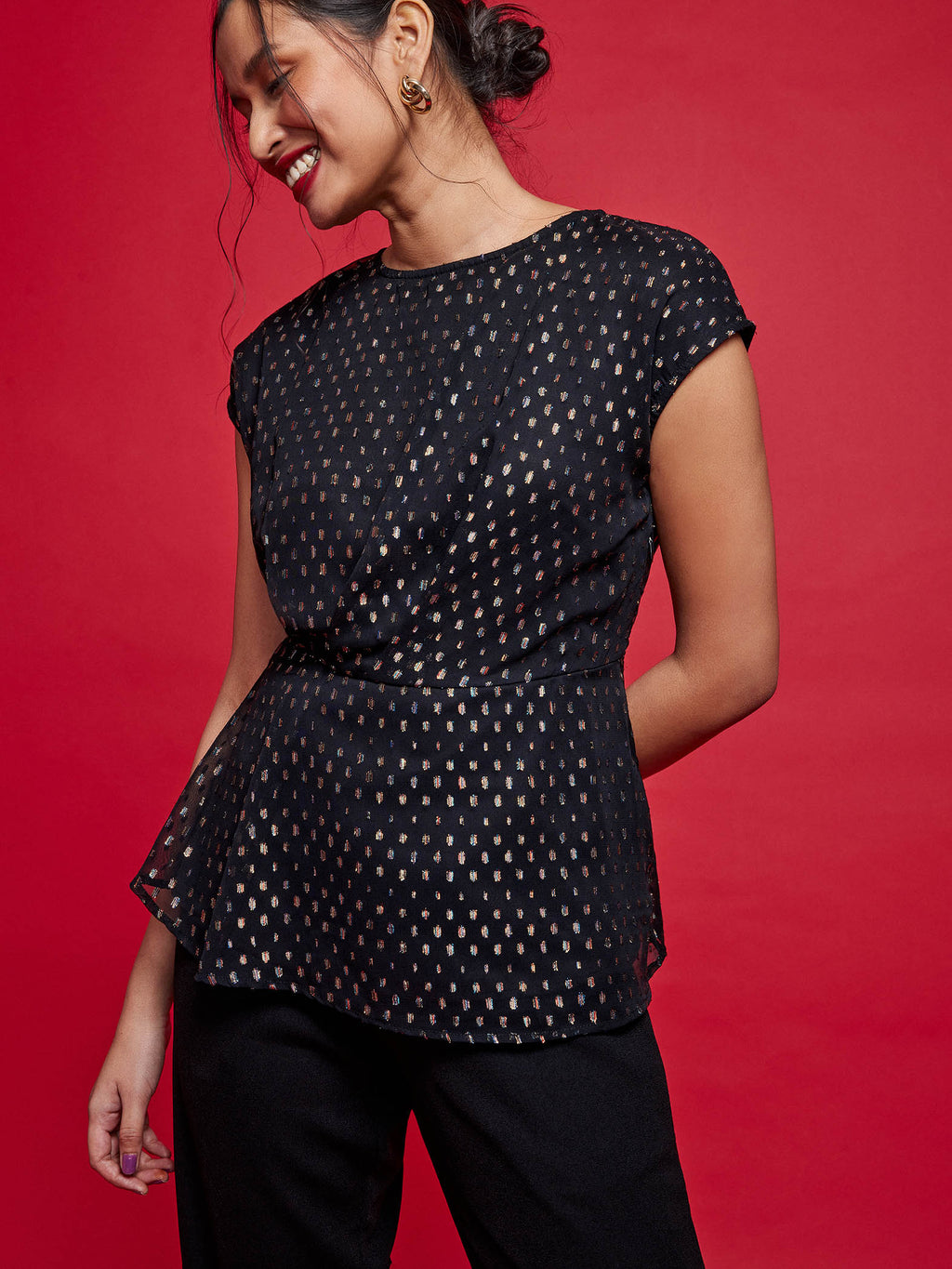 Black Dobby Peplum Top