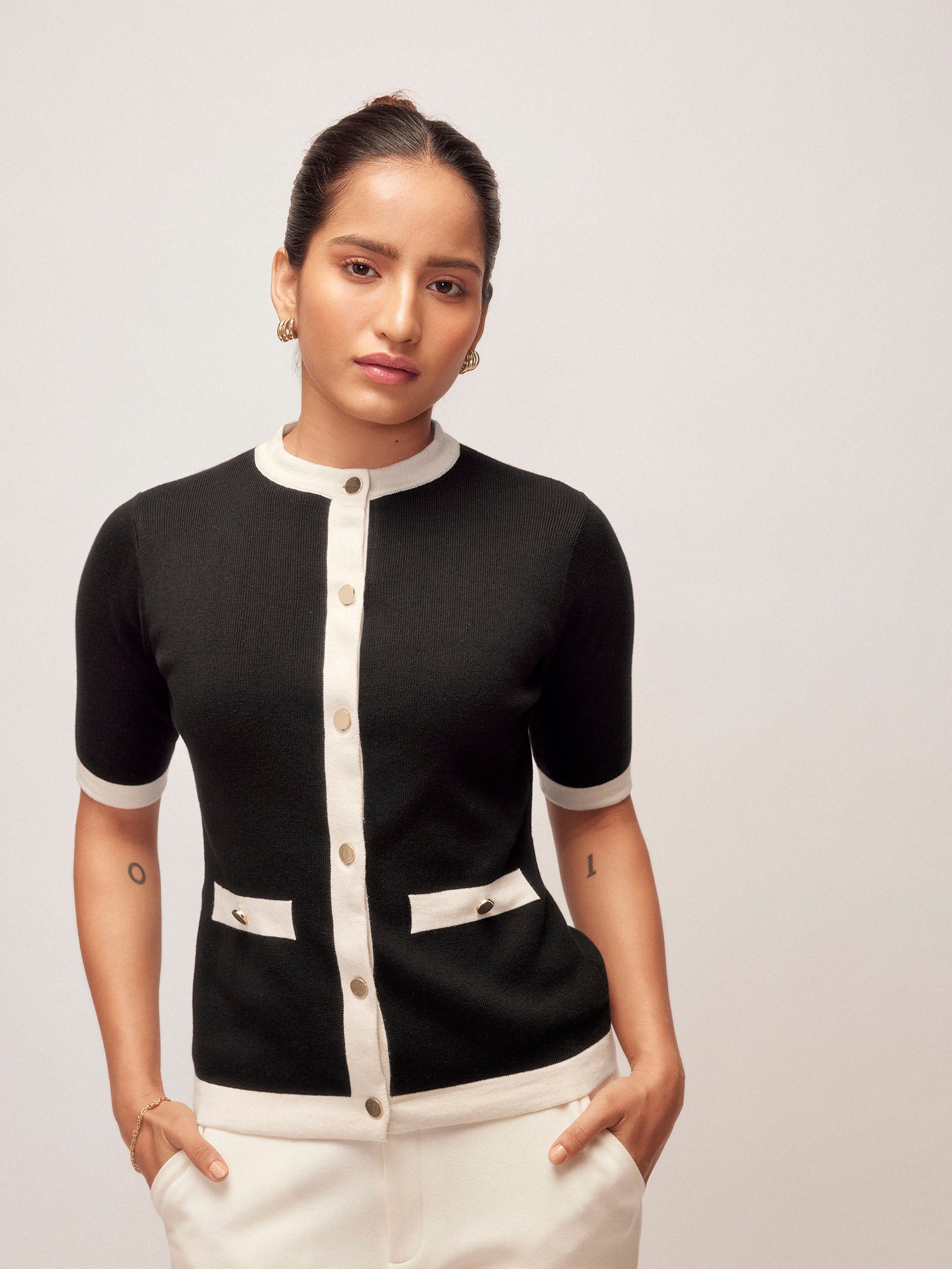 Black Knit Contrast Detail Top