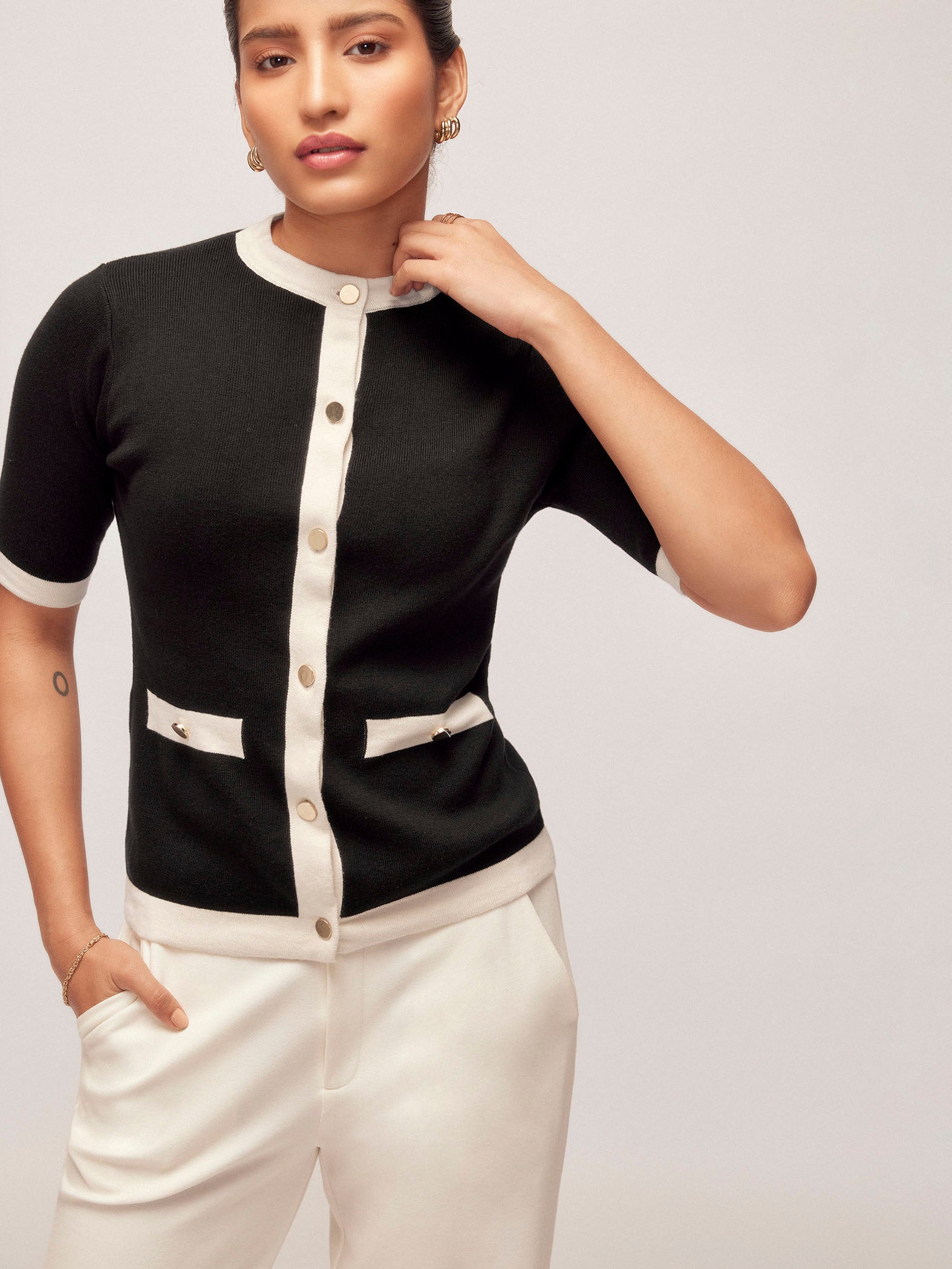 Black Knit Contrast Detail Top