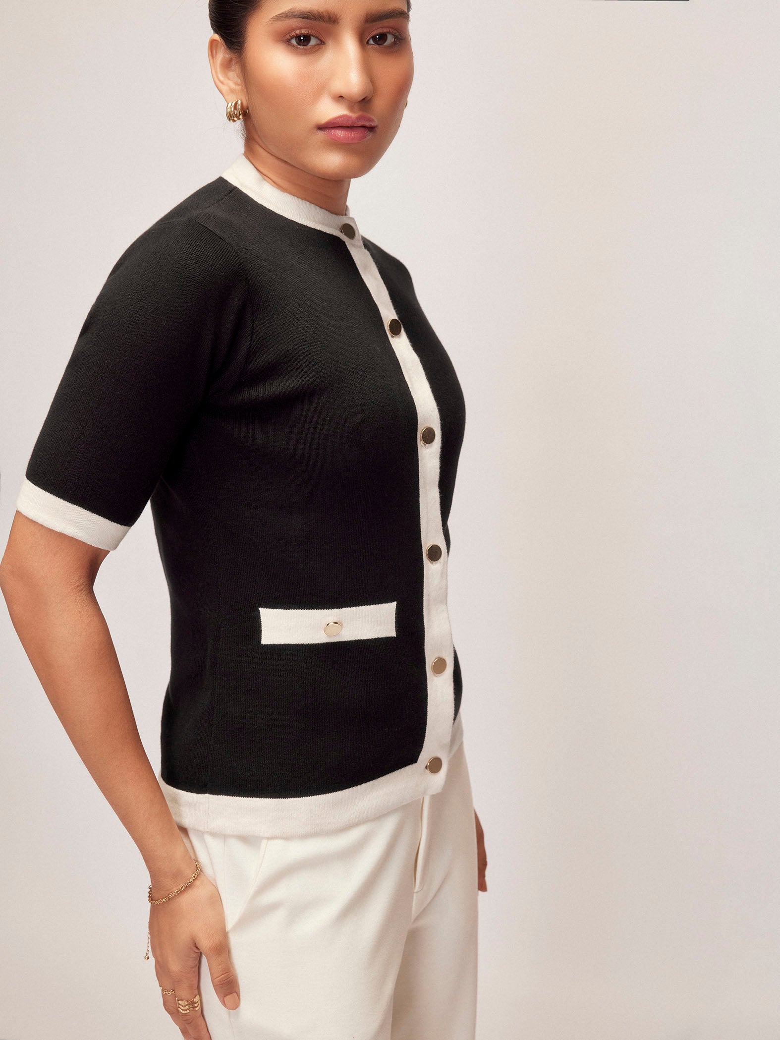 Black Knit Contrast Detail Top