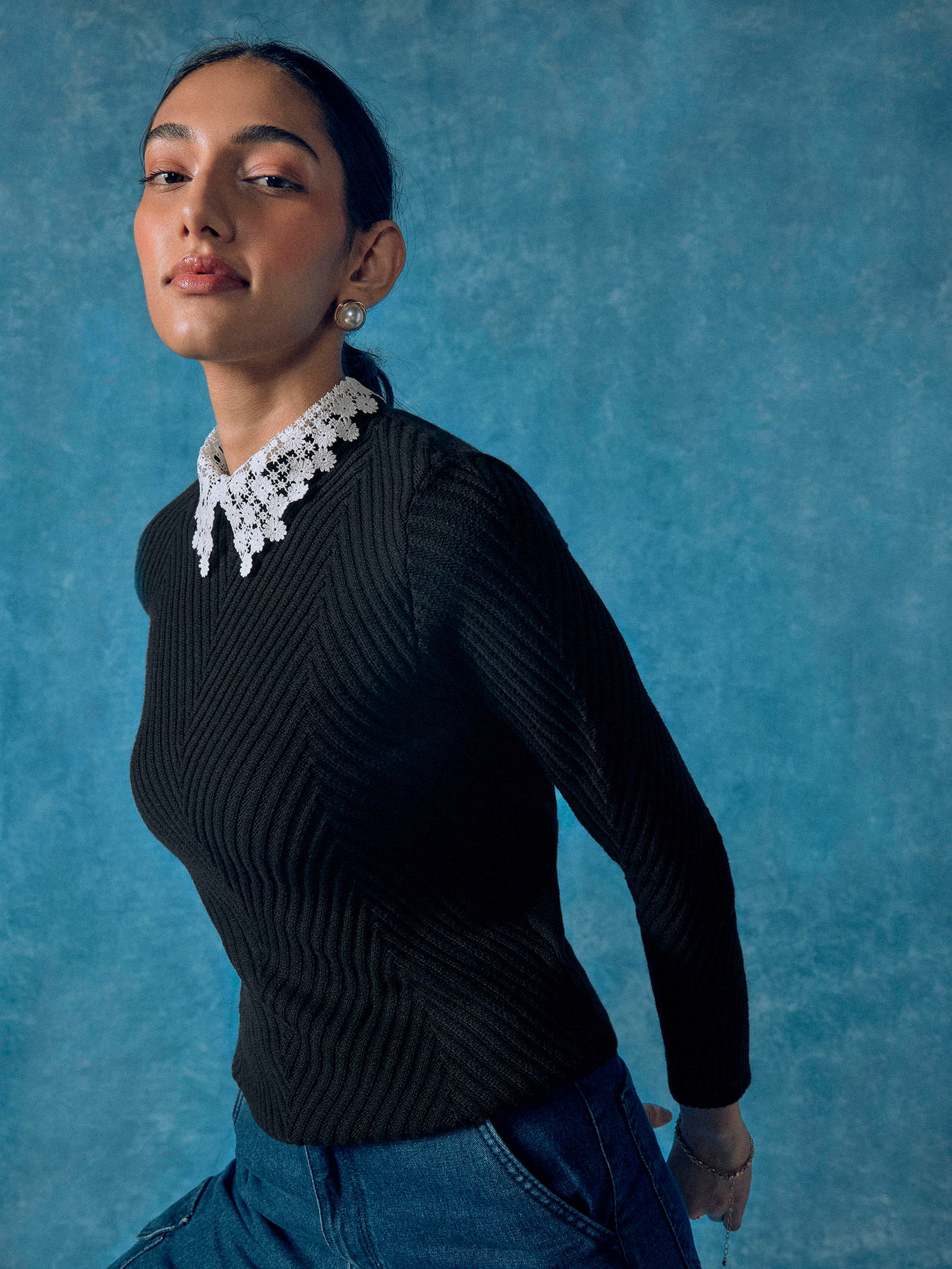 Black Lace Collar Top