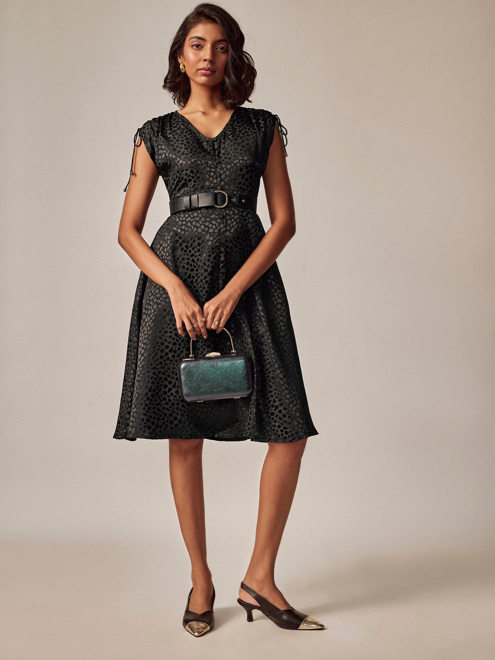 Black Leopard Print Gathered Dress