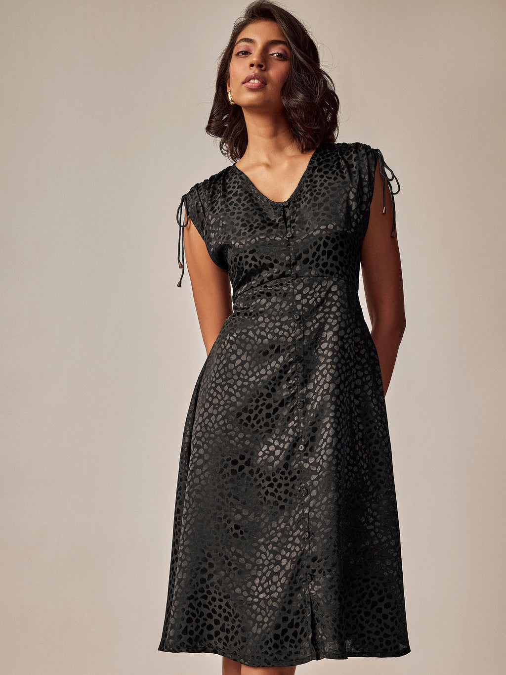 Black Leopard Print Gathered Dress