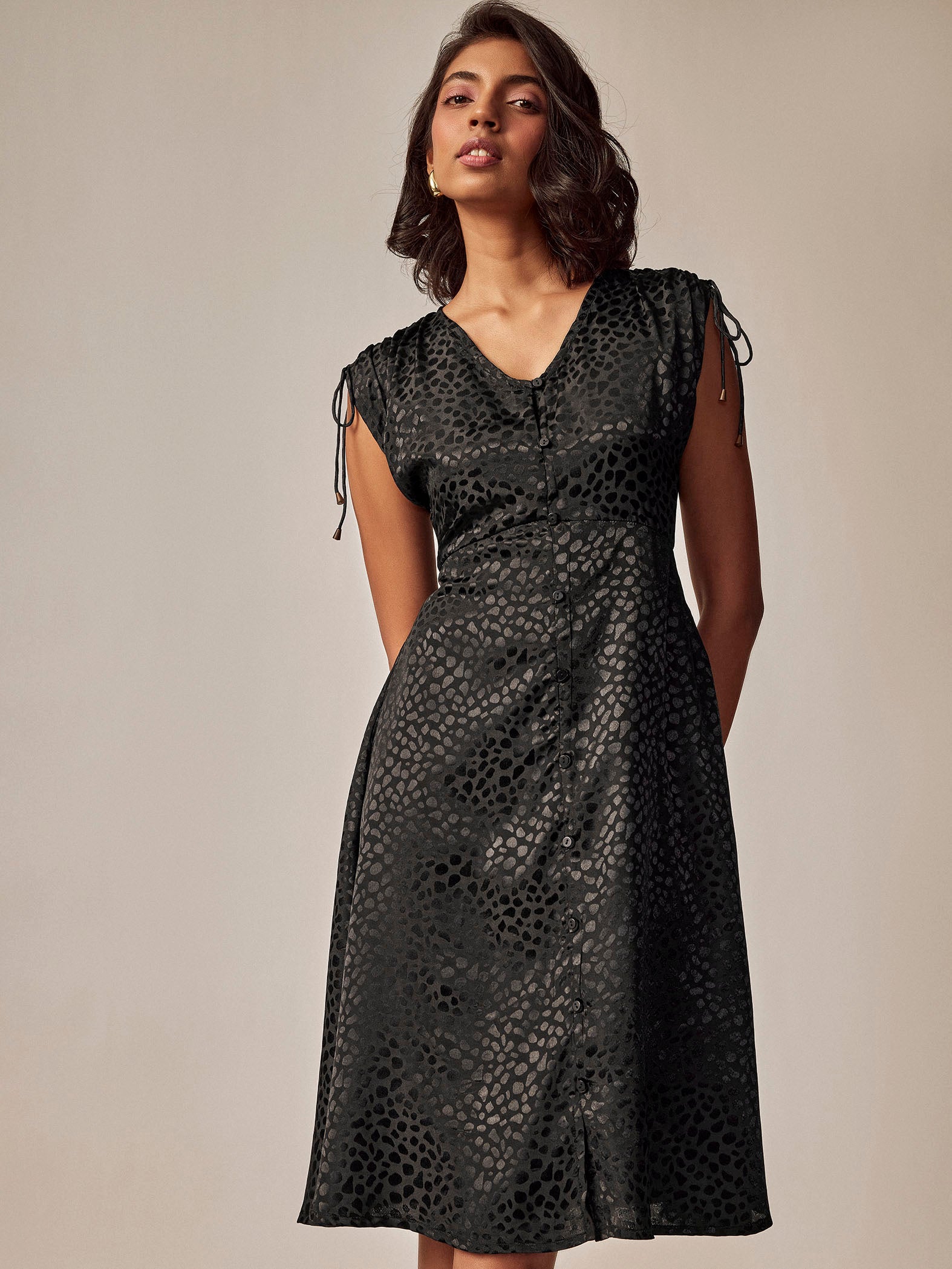 Black Leopard Print Gathered Dress