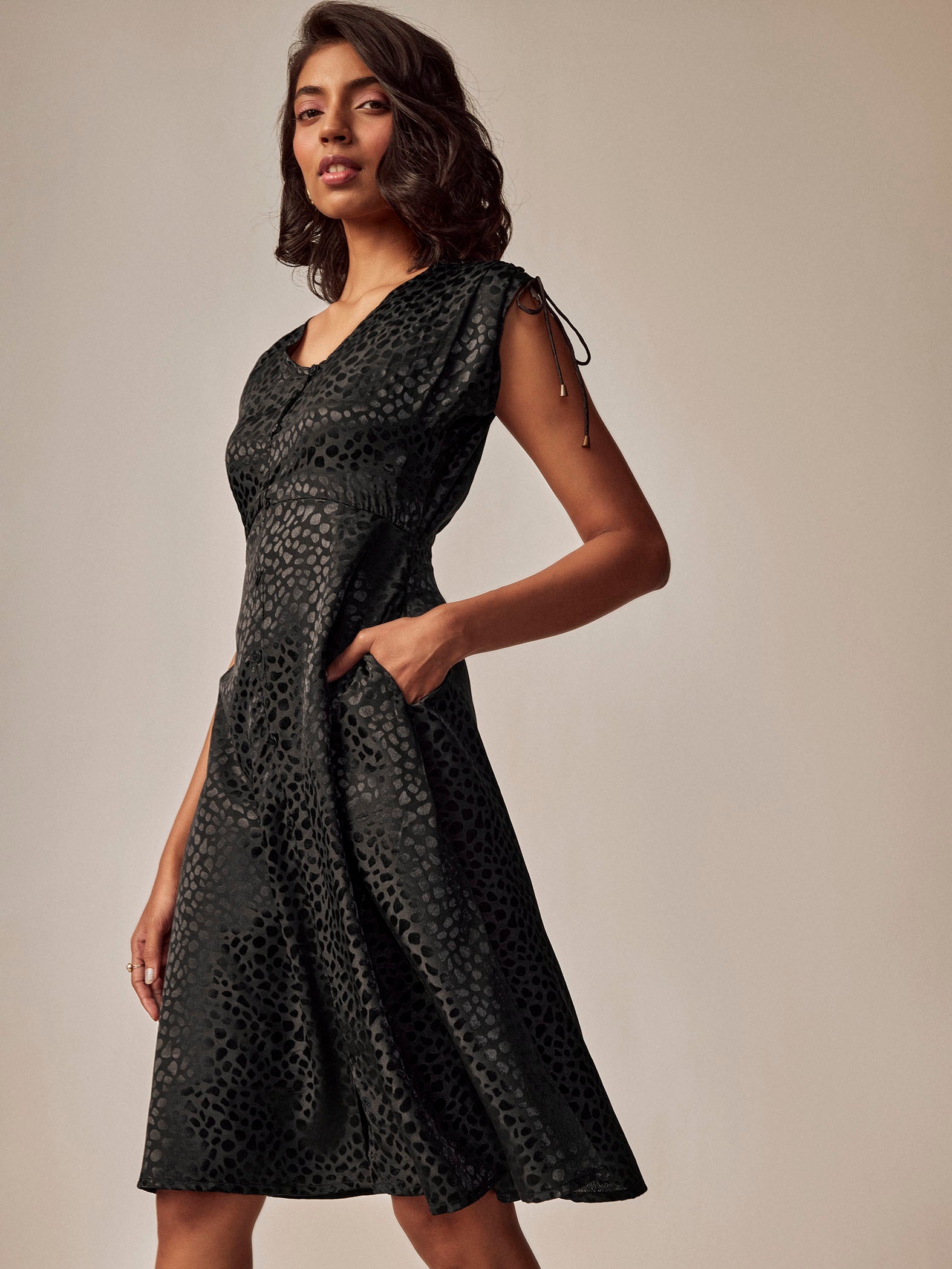 Black Leopard Print Gathered Dress