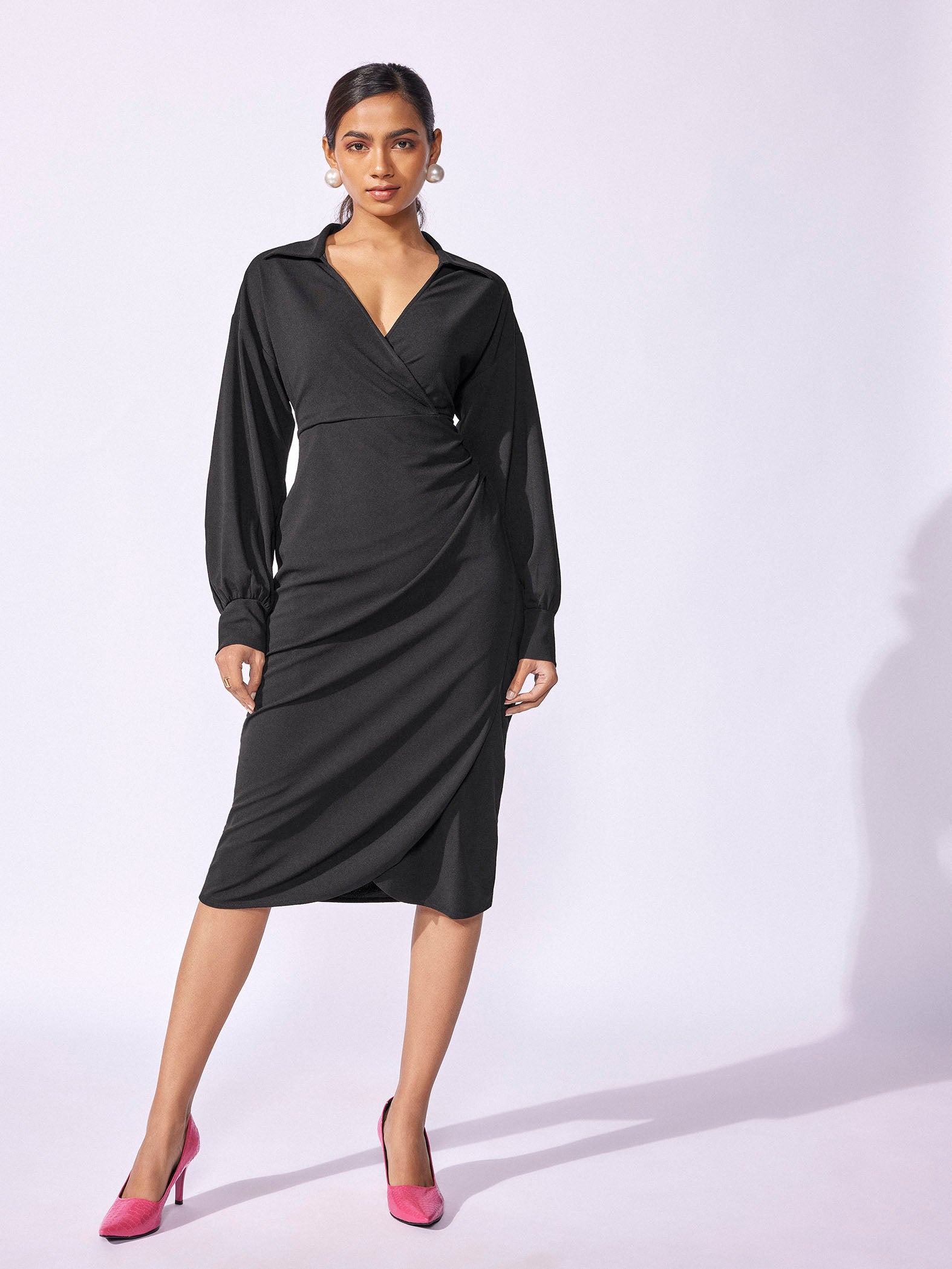 Black Overlap Drape Dress