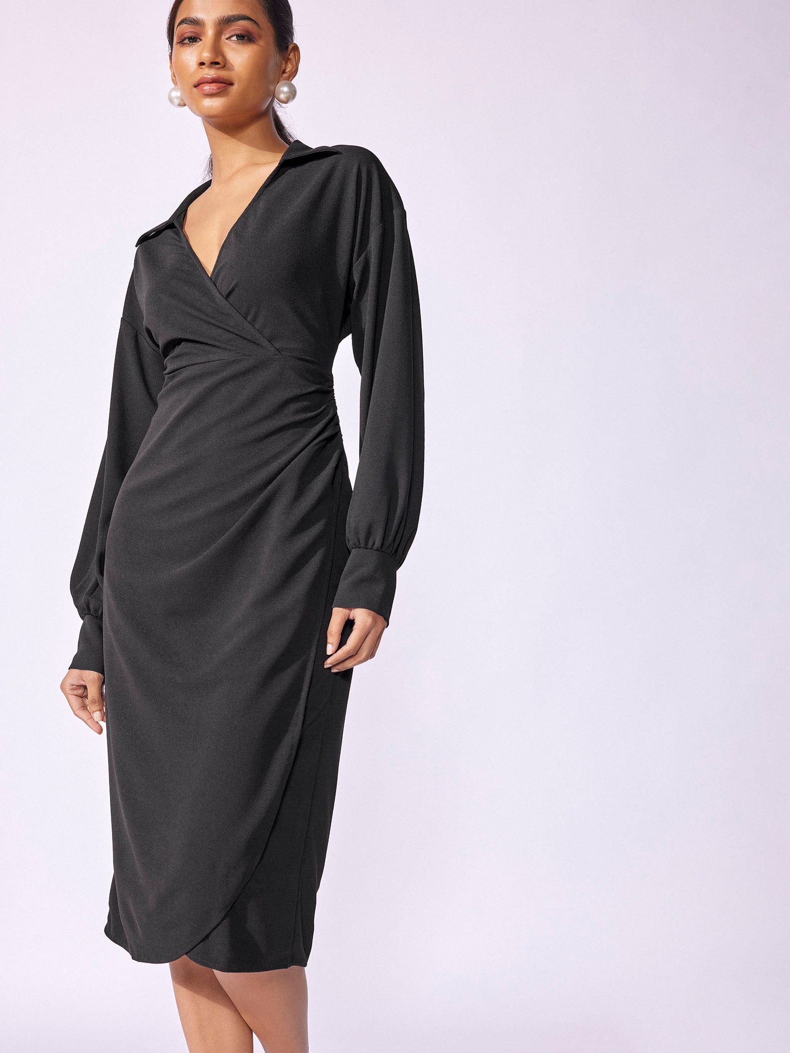 Black Overlap Drape Dress