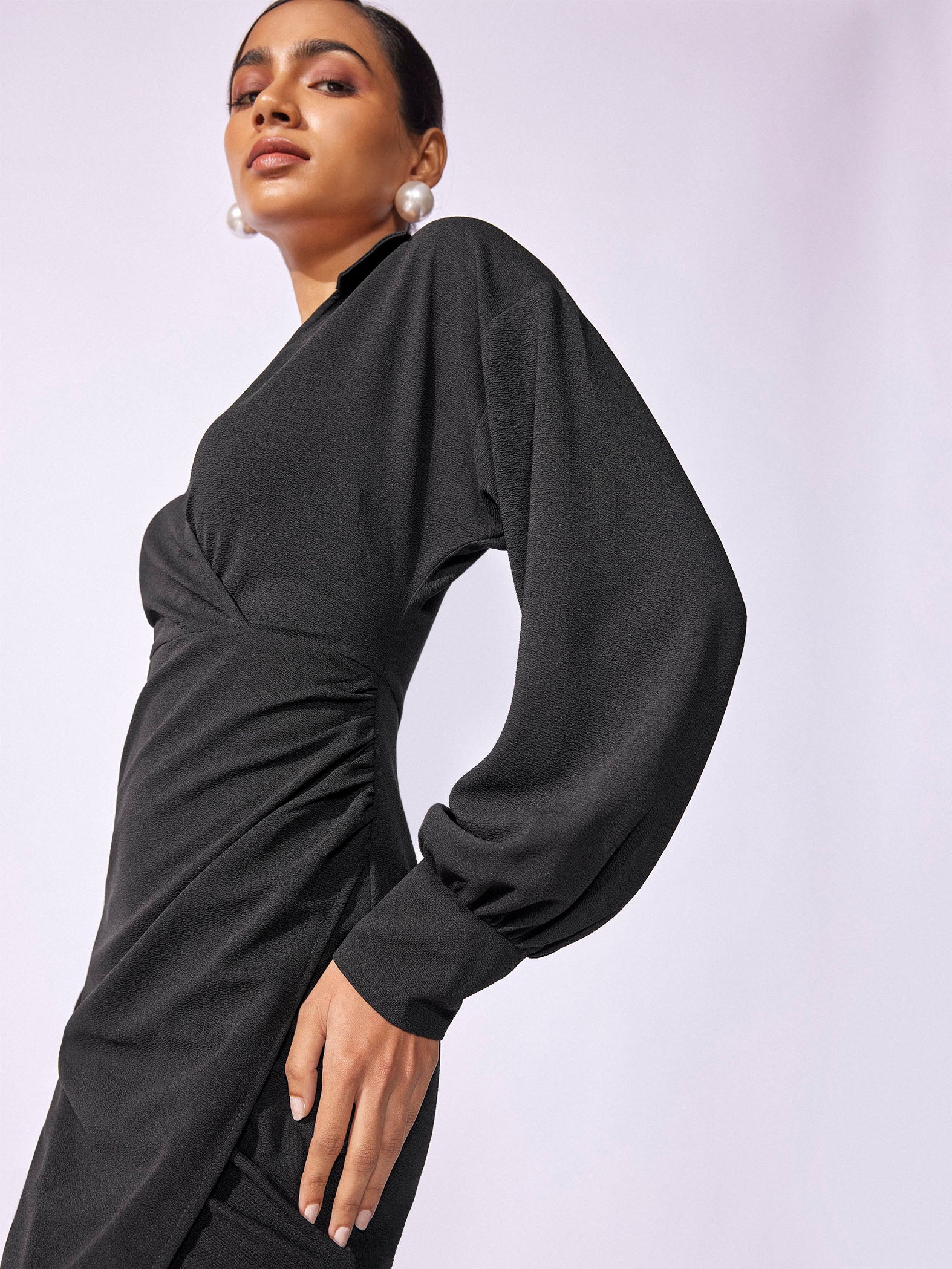 Black Overlap Drape Dress