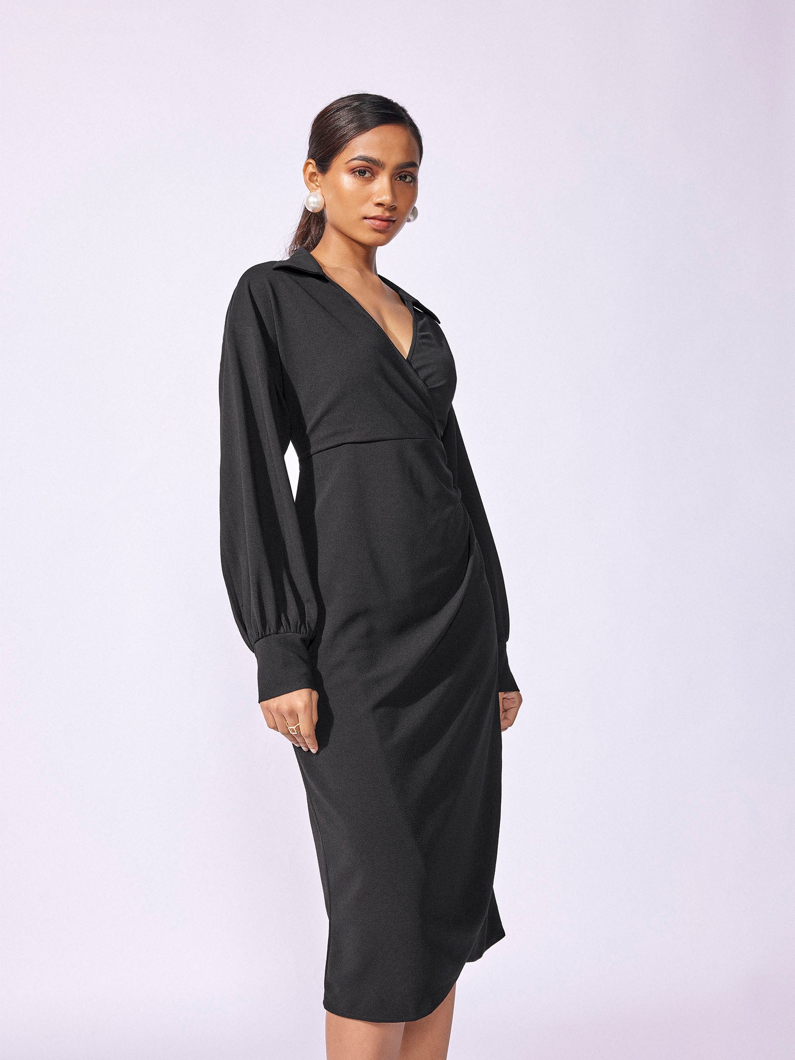 Black Overlap Drape Dress