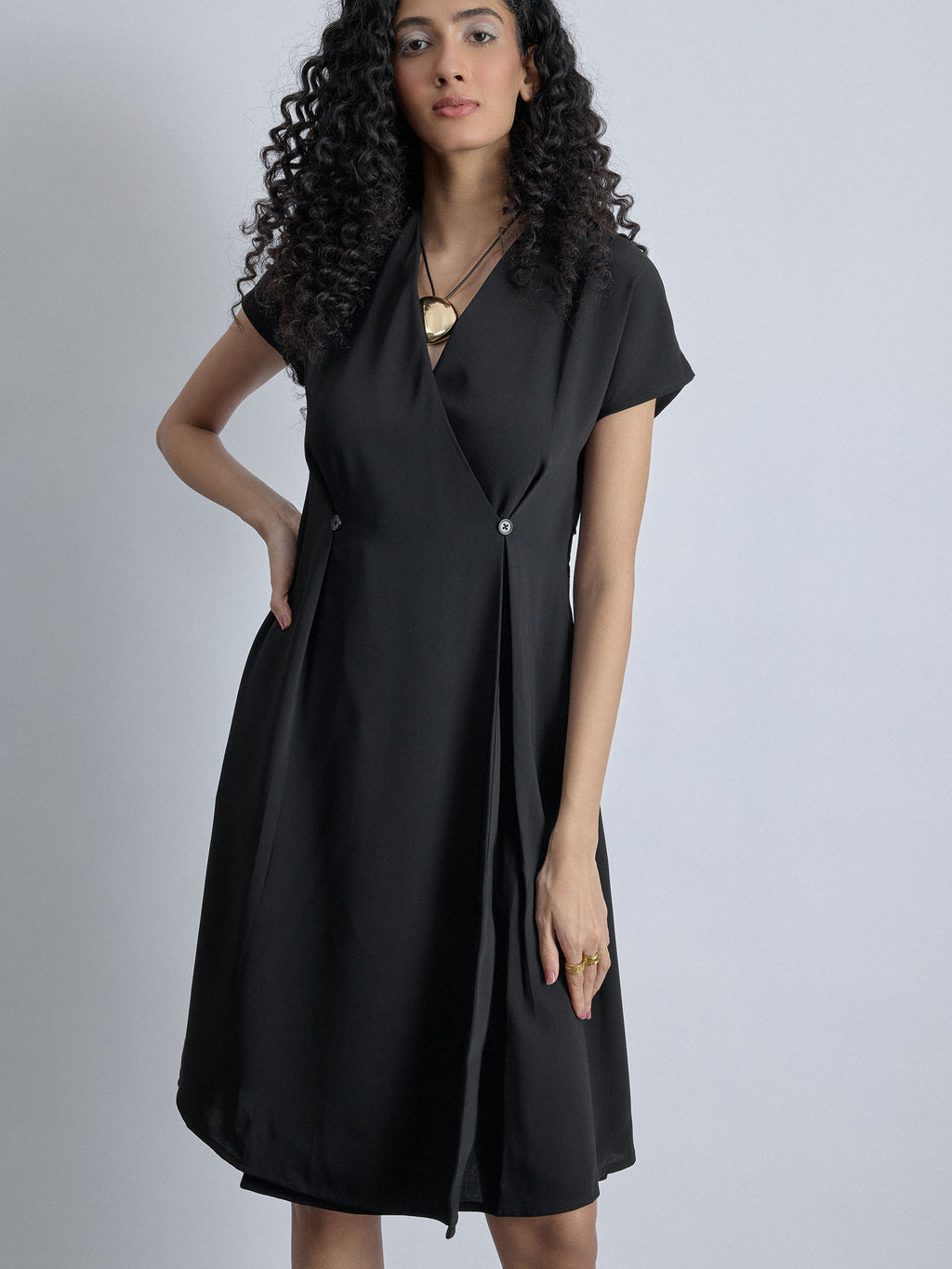 Black Overlap Pleated Dress