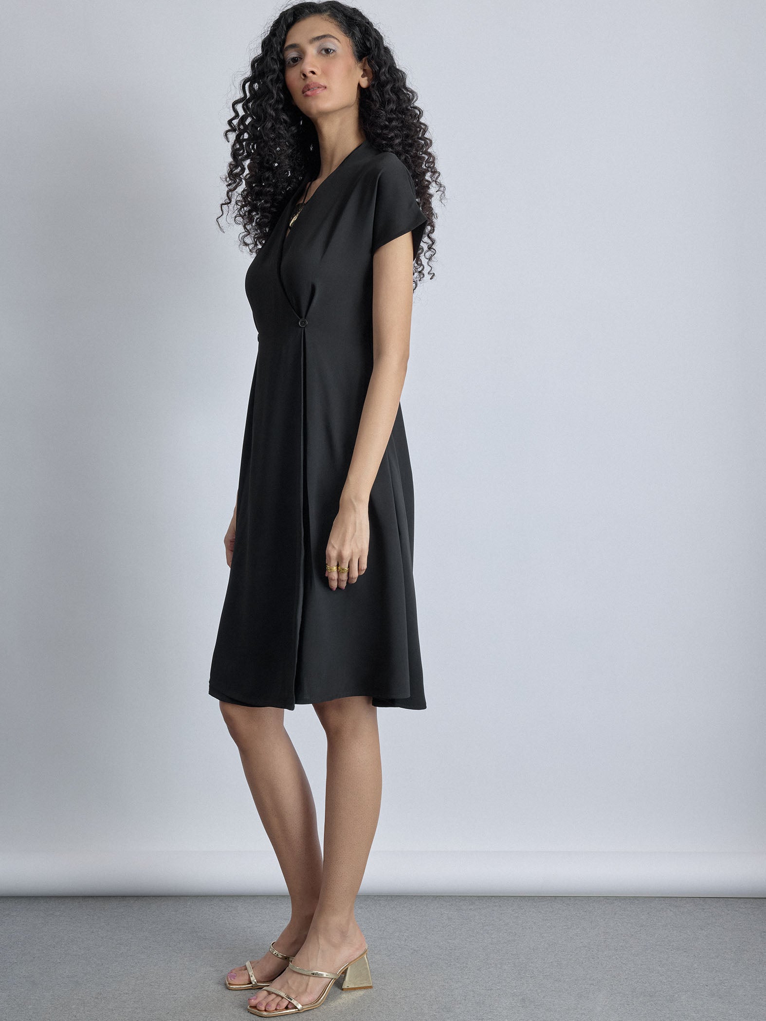 Black Overlap Pleated Dress