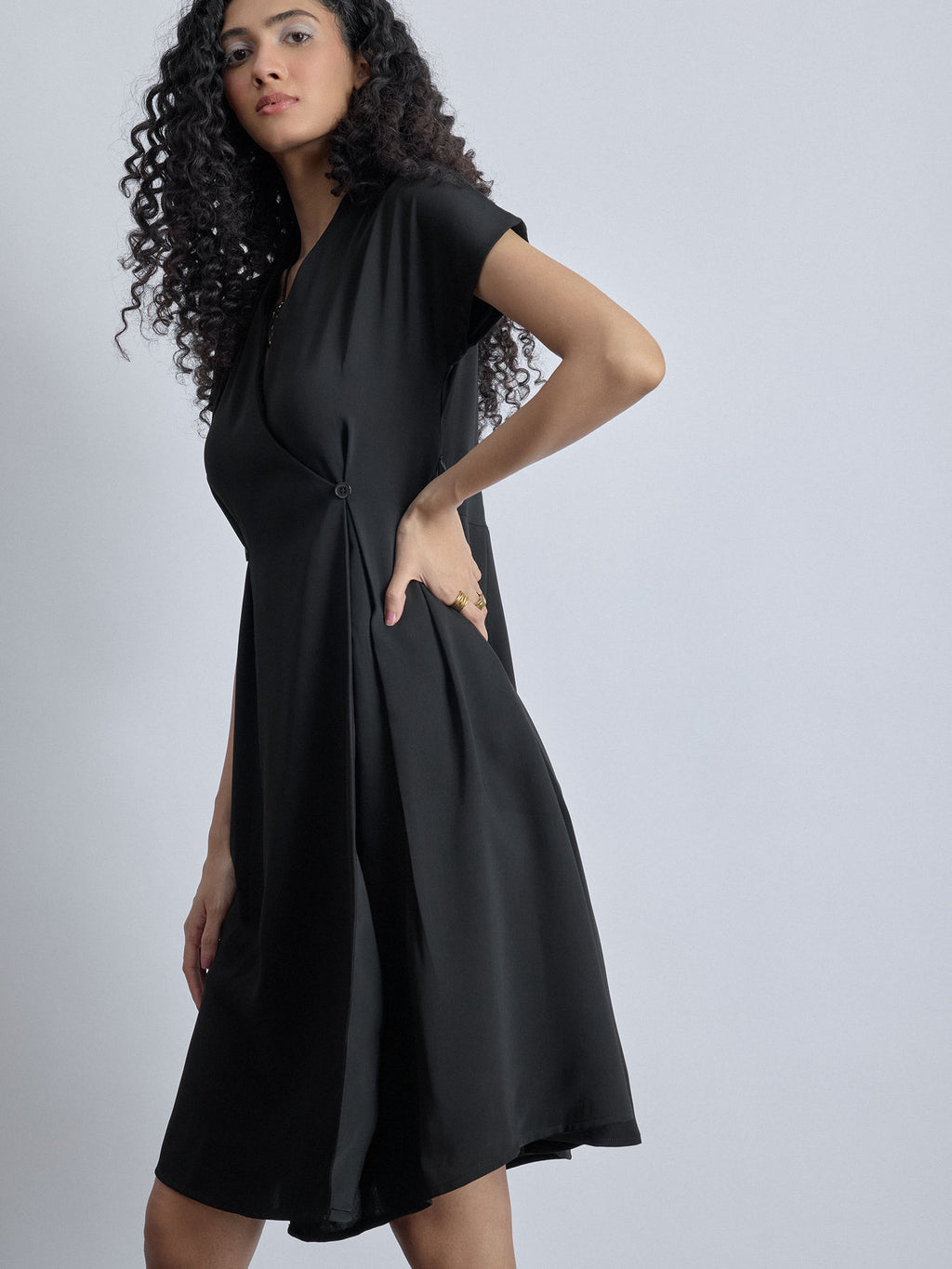 Black Overlap Pleated Dress