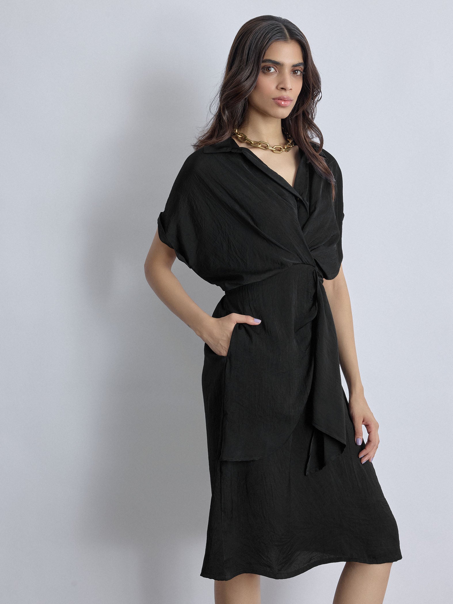 Black Pleated Drape Dress