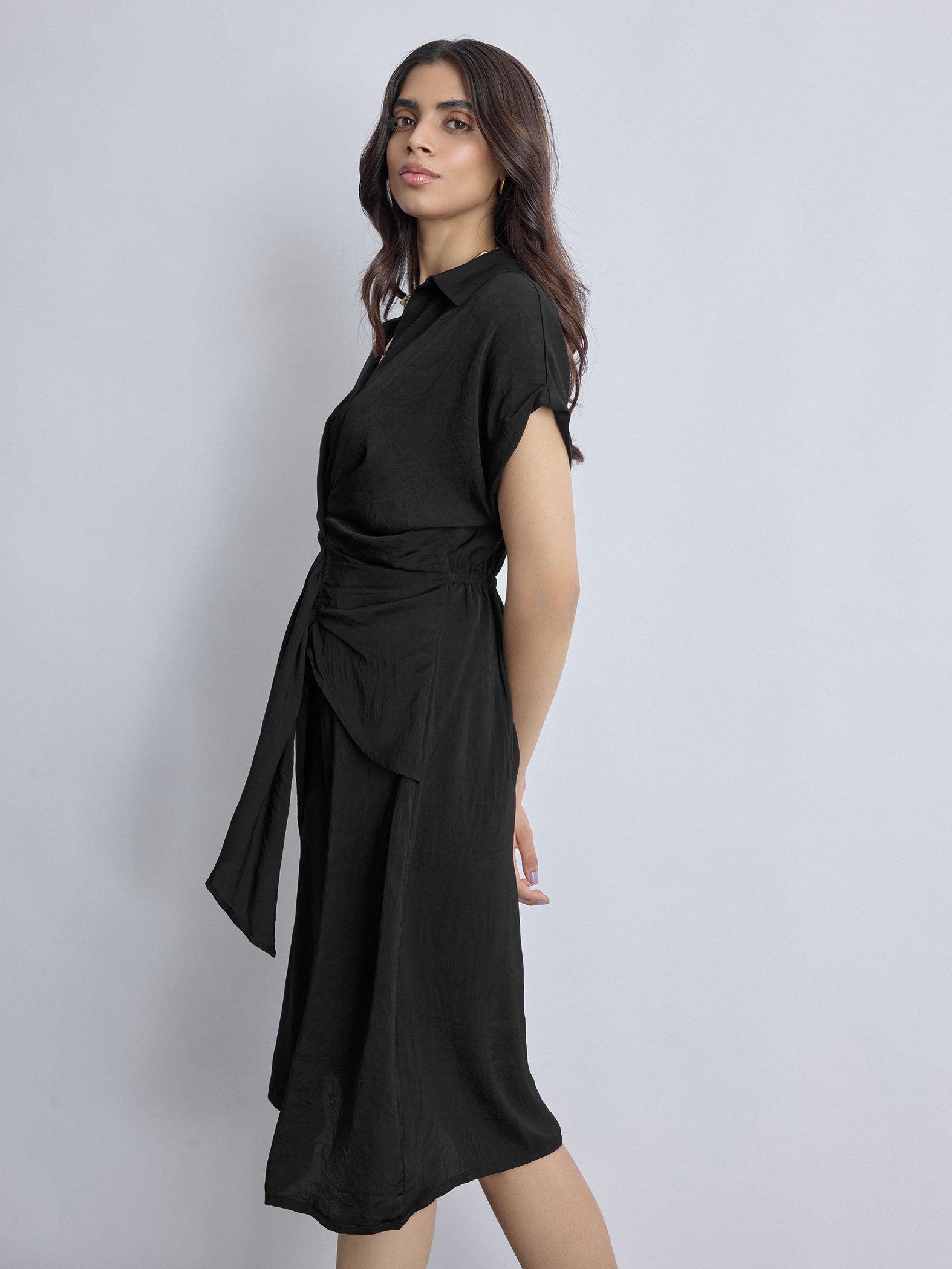 Black Pleated Drape Dress