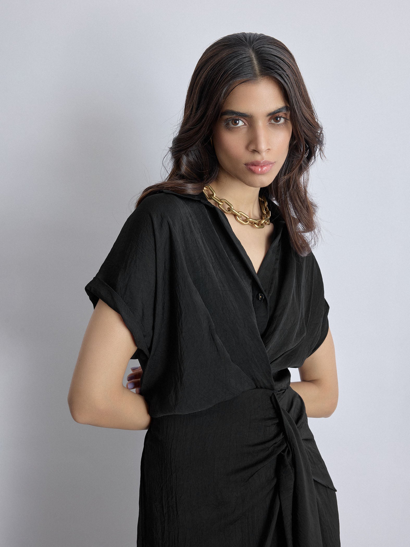 Black Pleated Drape Dress