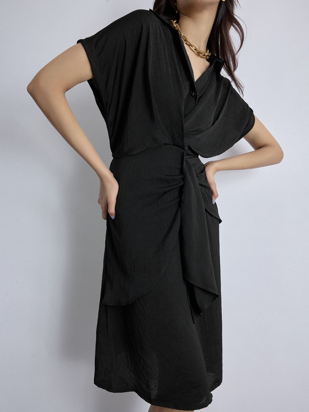 Black Pleated Drape Dress