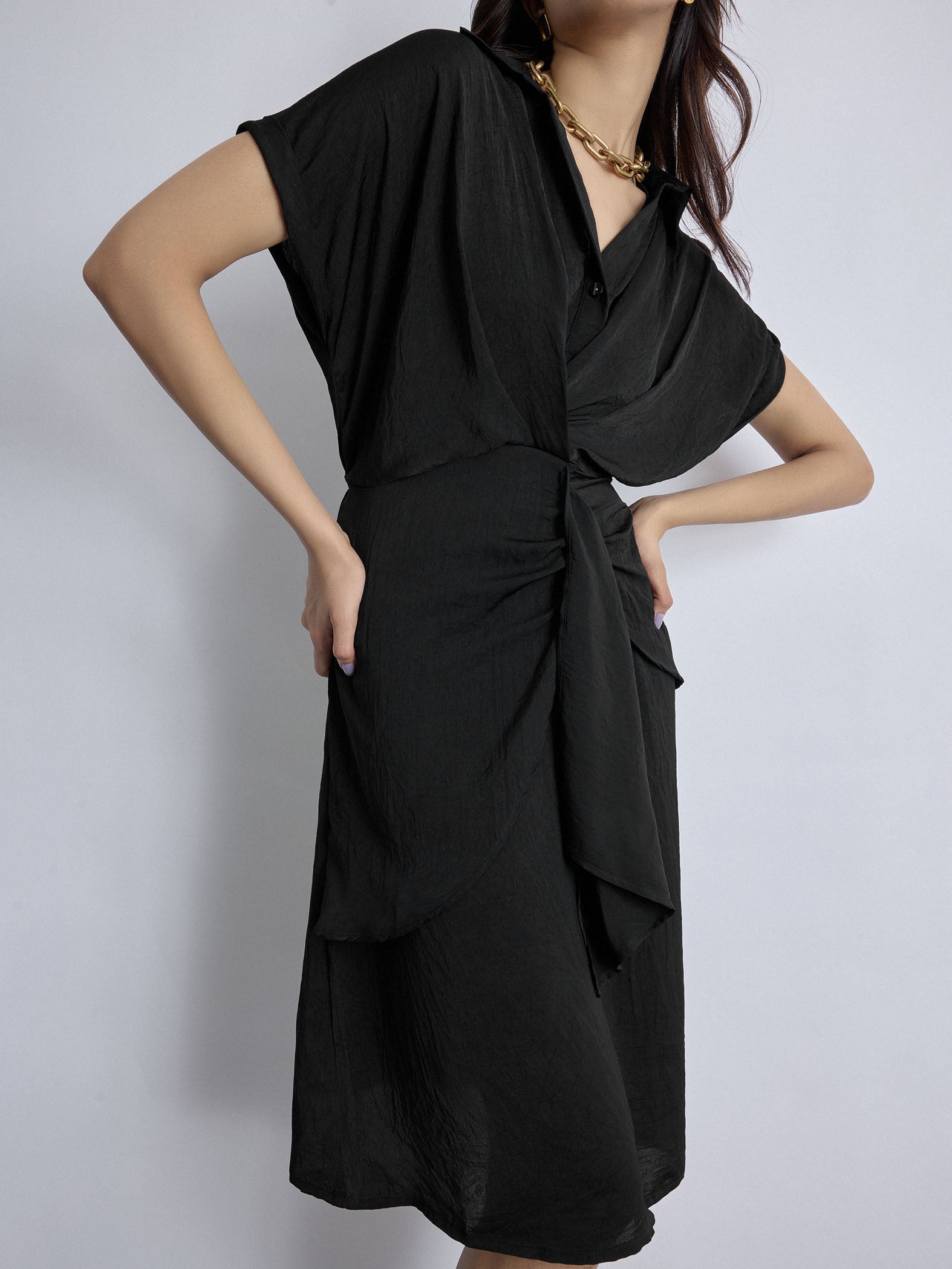 Black Pleated Drape Dress