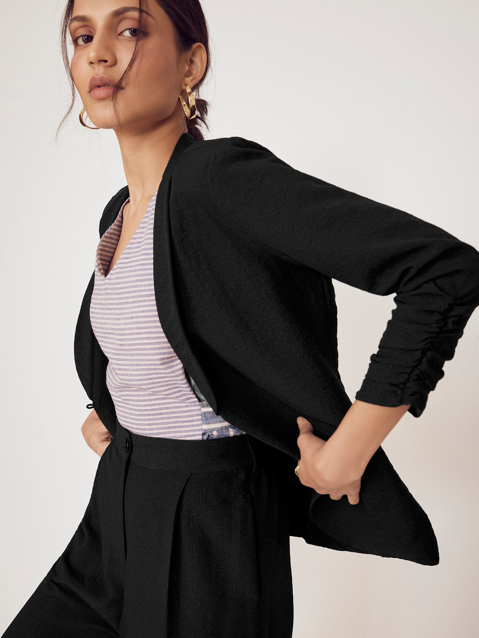 Black Ruched Sleeve Blazer