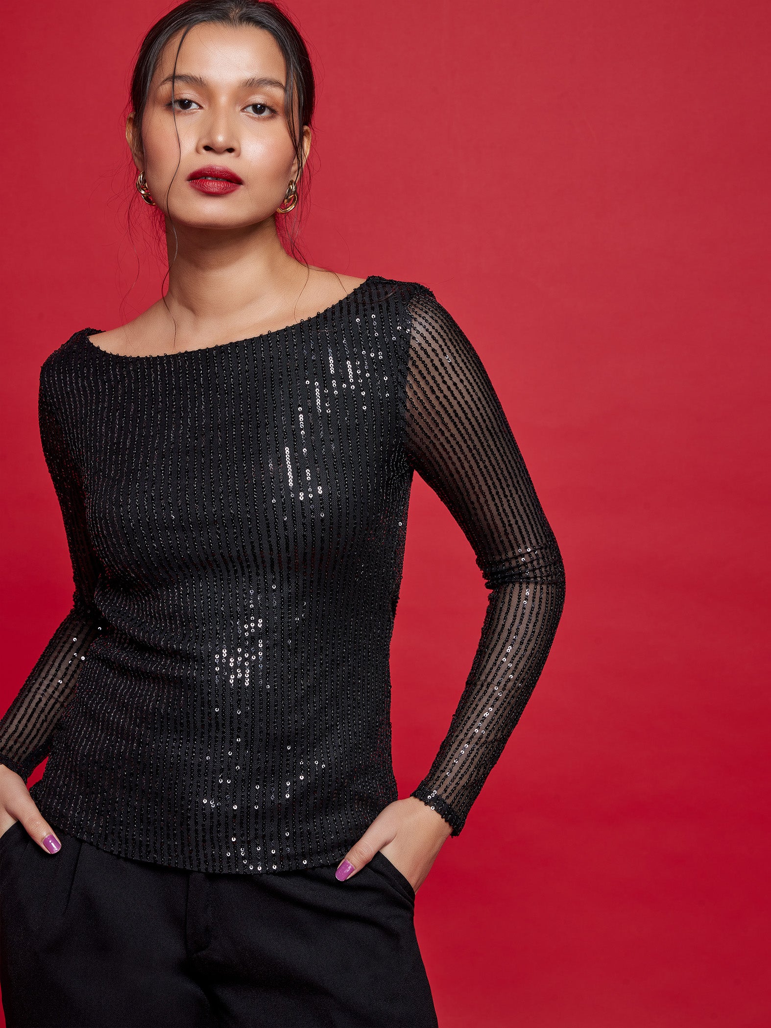 Black Sequin Back Cowl Top