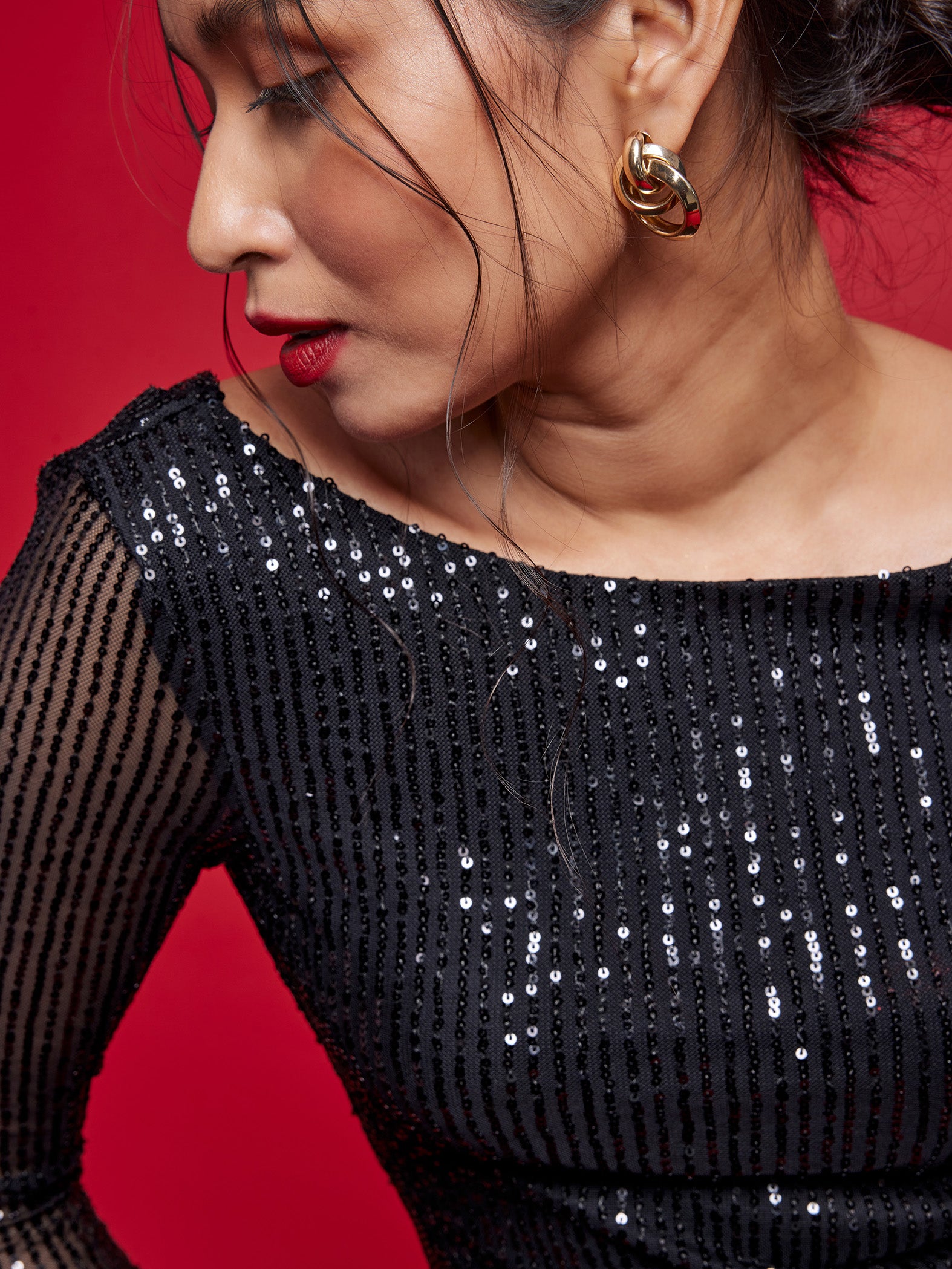 Black Sequin Back Cowl Top