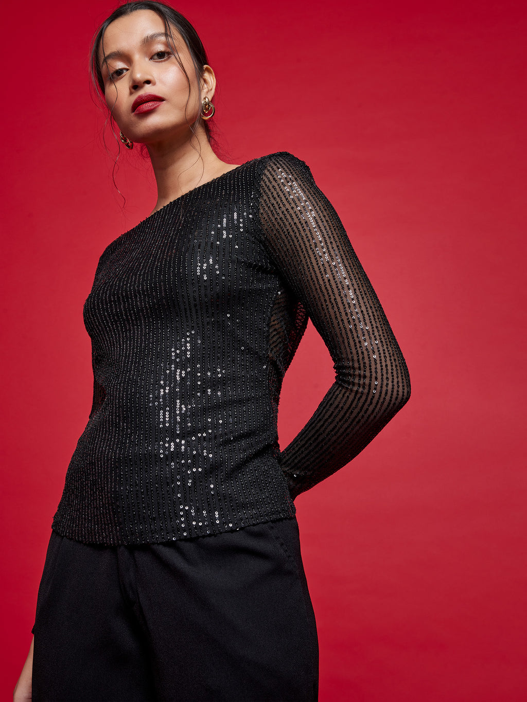 Black Sequin Back Cowl Top