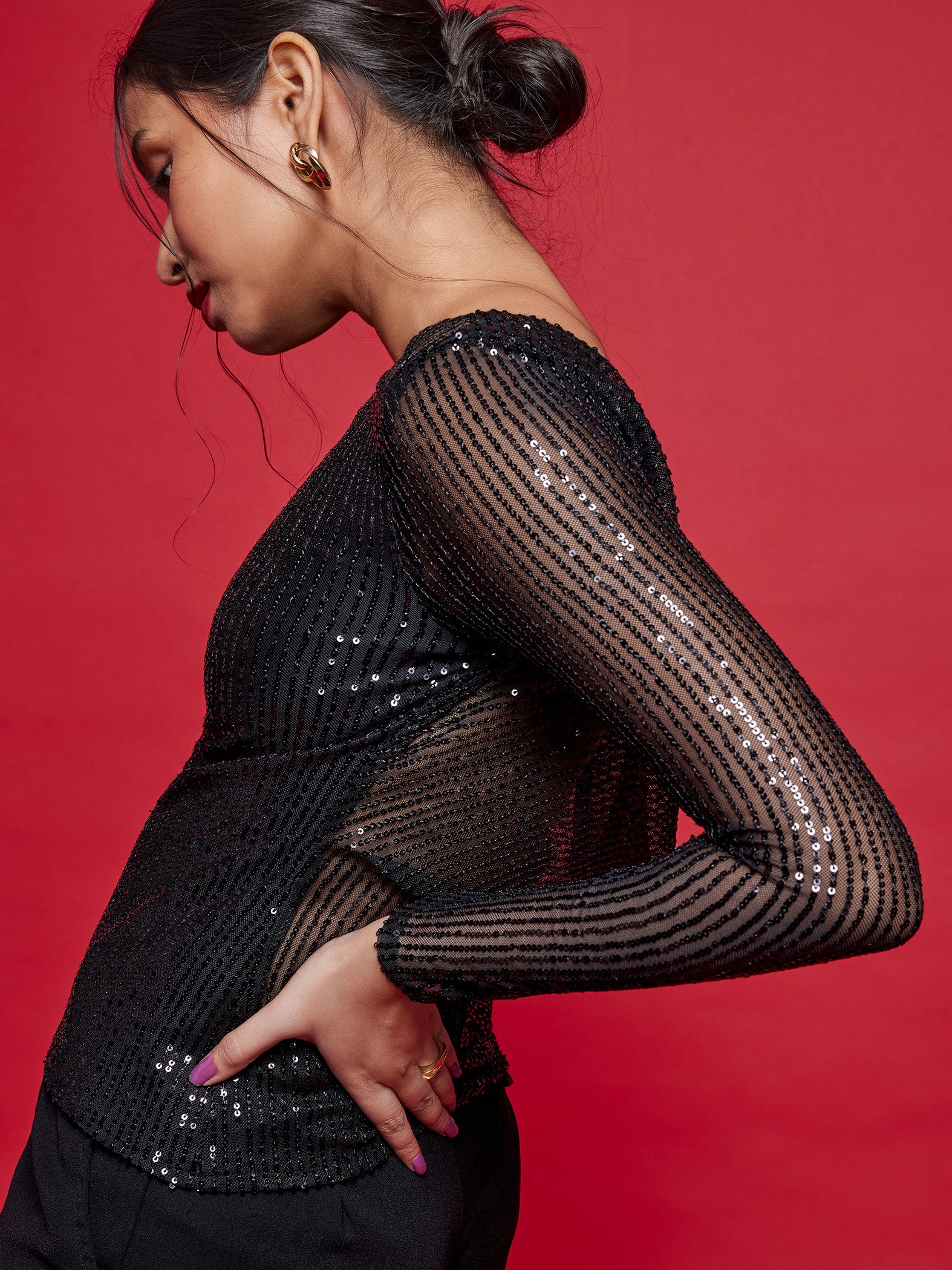 Black Sequin Back Cowl Top