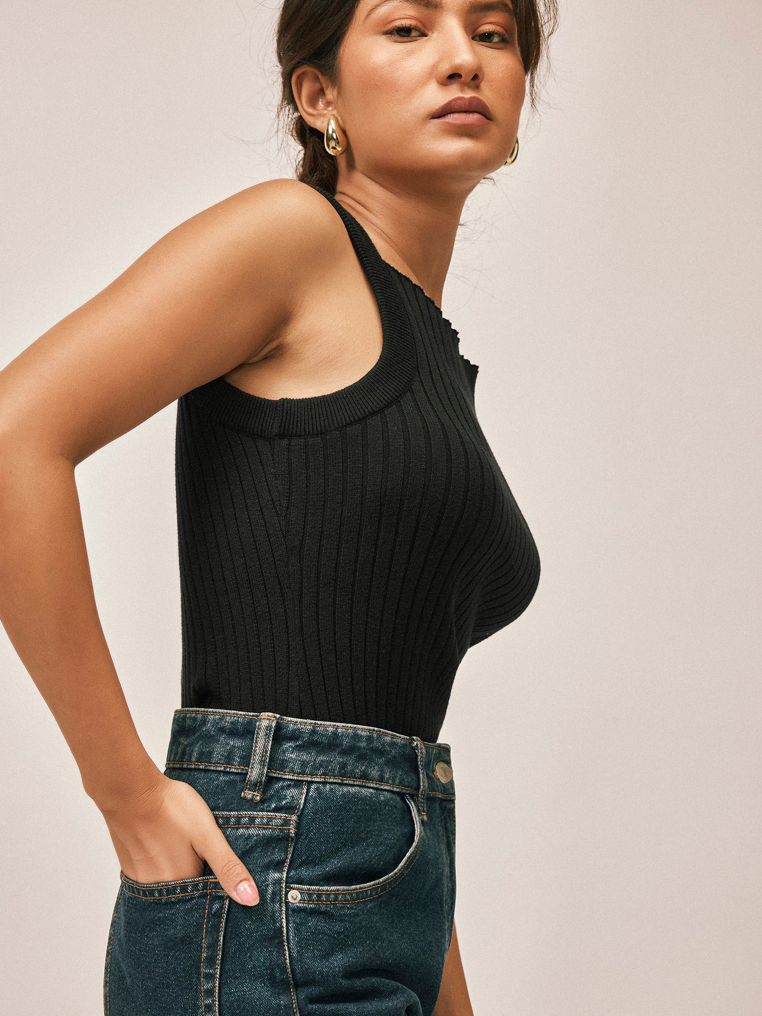 Black Strappy Ribbed Knit Top