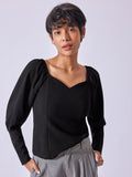 Black Textured Balloon Sleeve Top