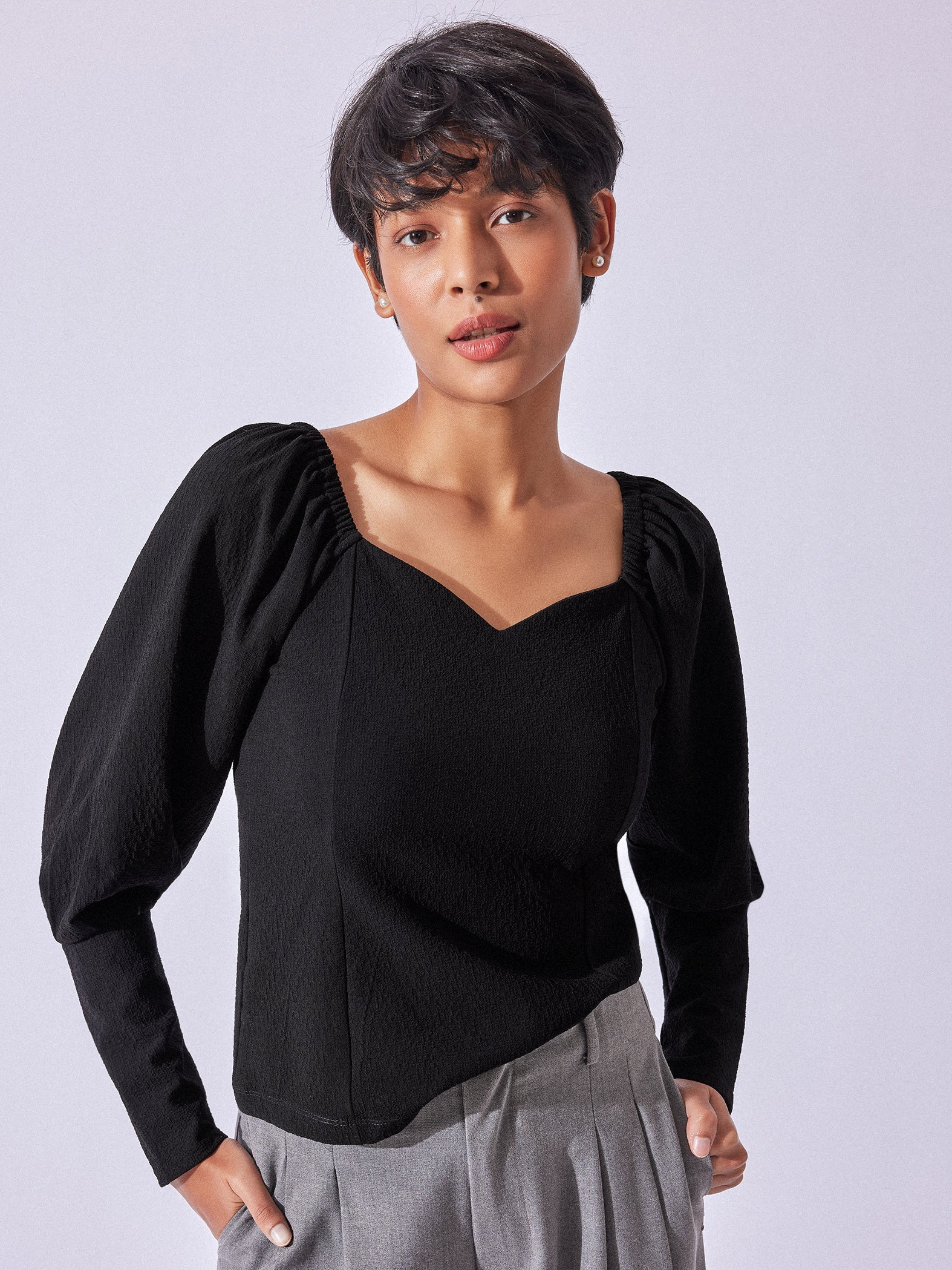 Black Textured Balloon Sleeve Top