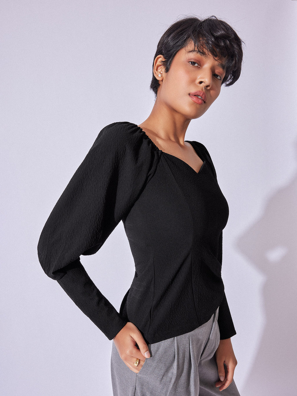 Black Textured Balloon Sleeve Top