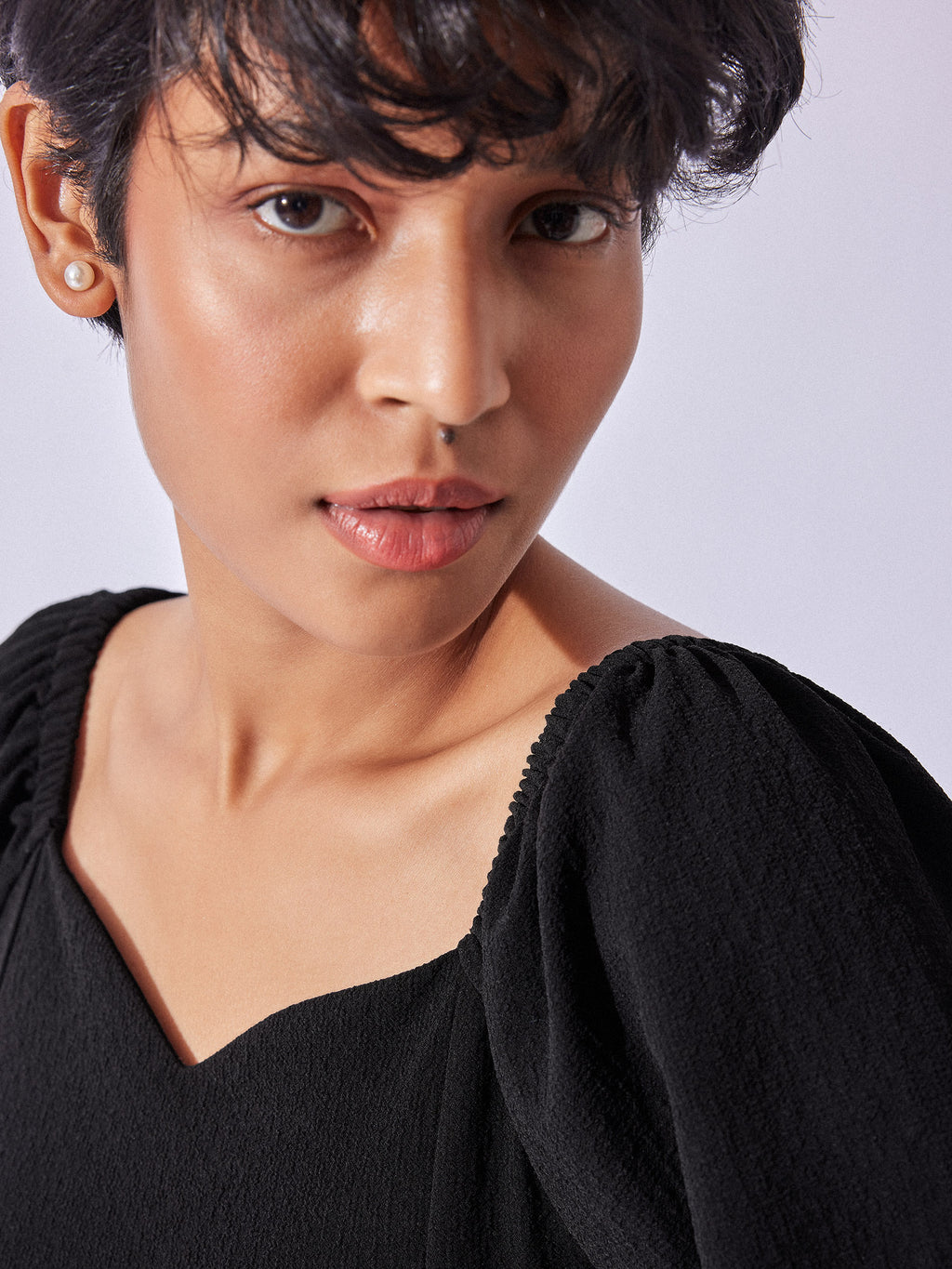 Black Textured Balloon Sleeve Top