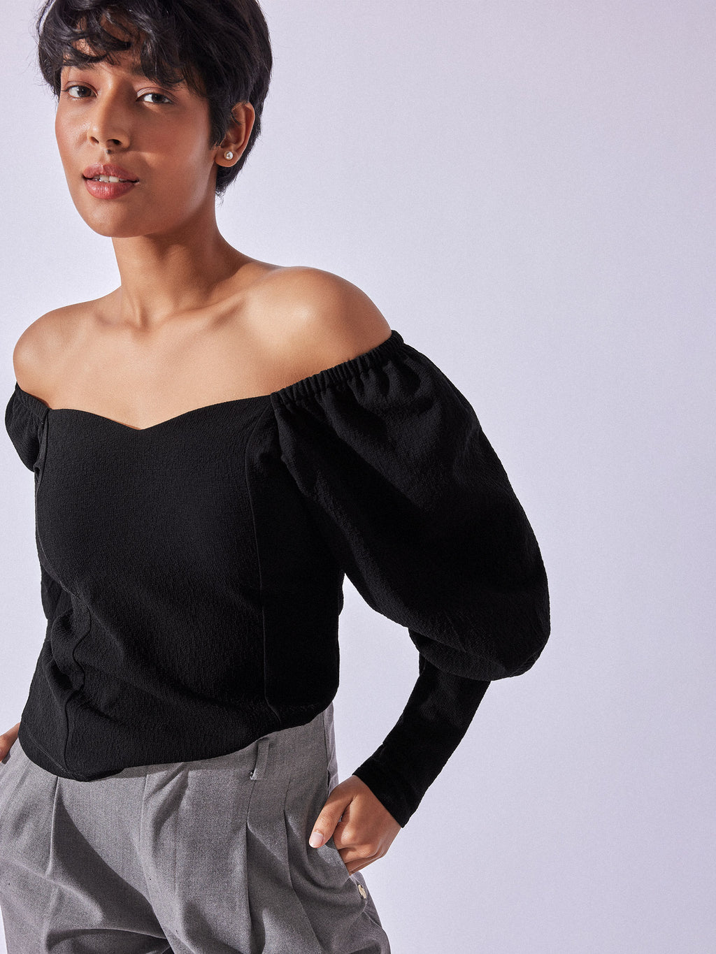 Black Textured Balloon Sleeve Top