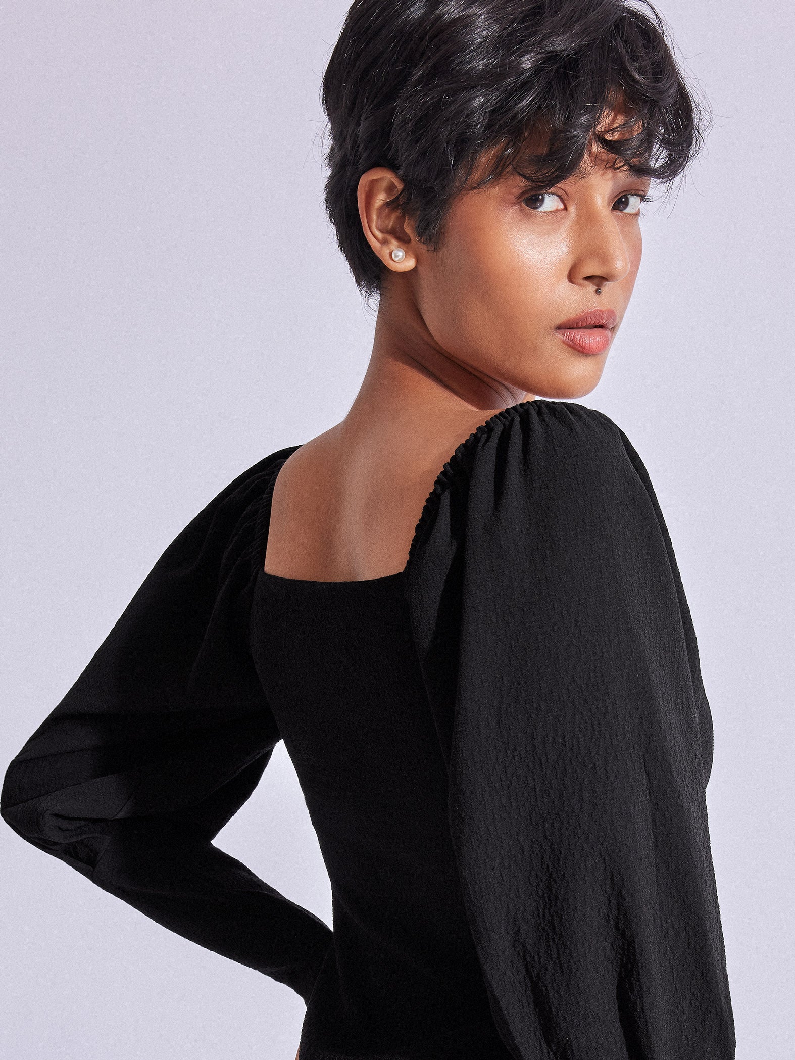 Black Textured Balloon Sleeve Top