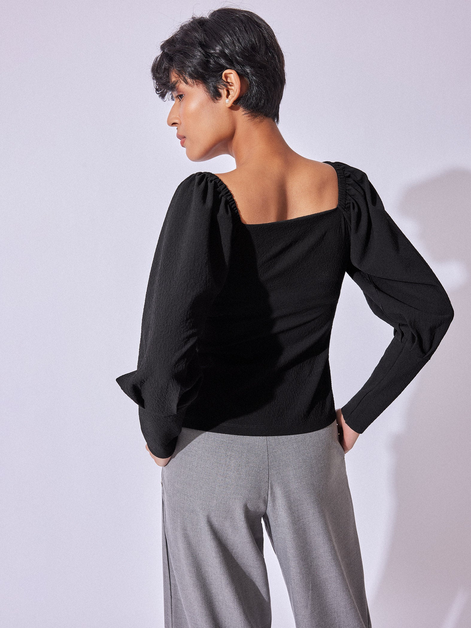 Black Textured Balloon Sleeve Top