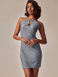 Blue Shimmer Bow Neck Dress