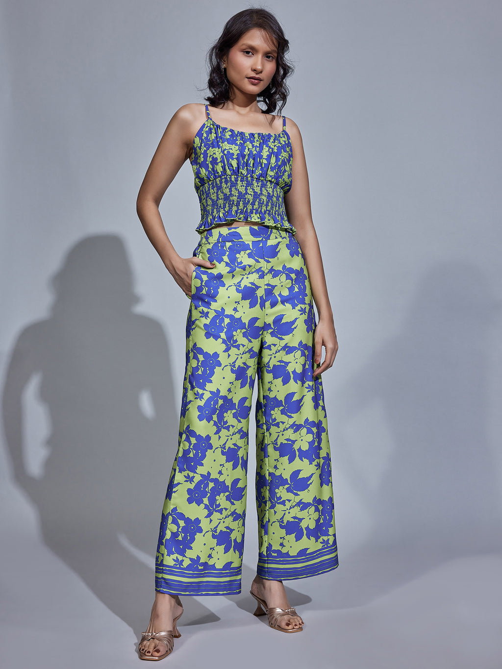 Blue & Pear Floral Print Flare Pants