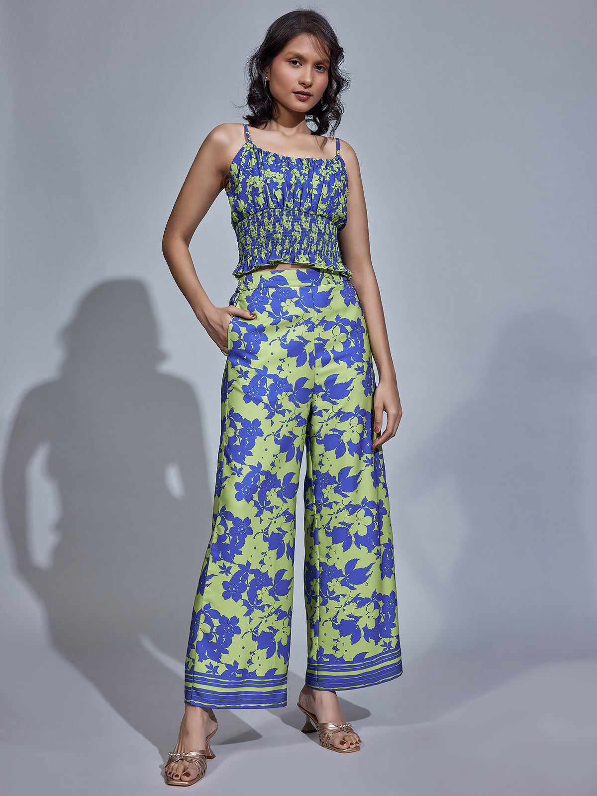 Blue & Pear Floral Print Flare Pants
