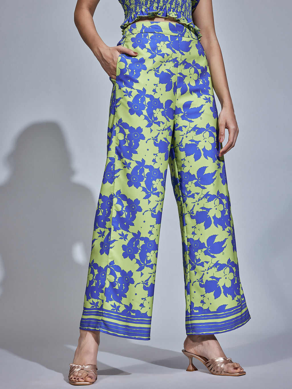 Blue & Pear Floral Print Flare Pants