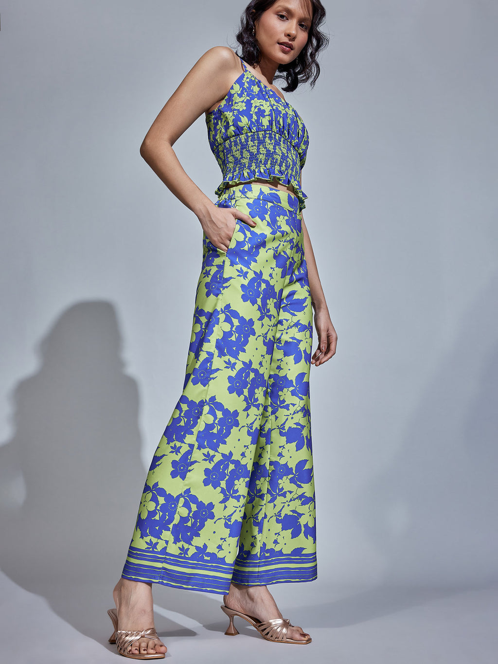 Blue & Pear Floral Print Flare Pants
