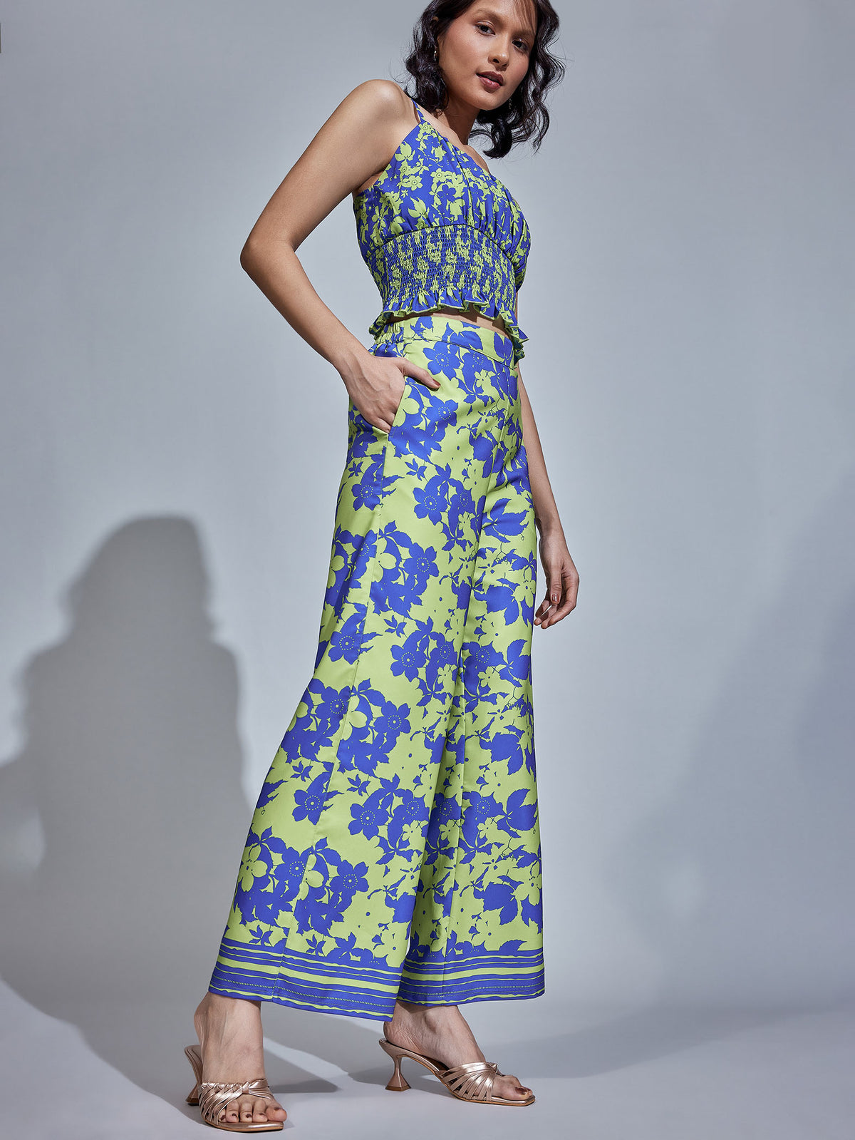Blue & Pear Floral Print Flare Pants