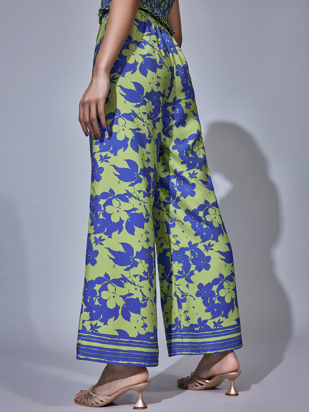 Blue & Pear Floral Print Flare Pants