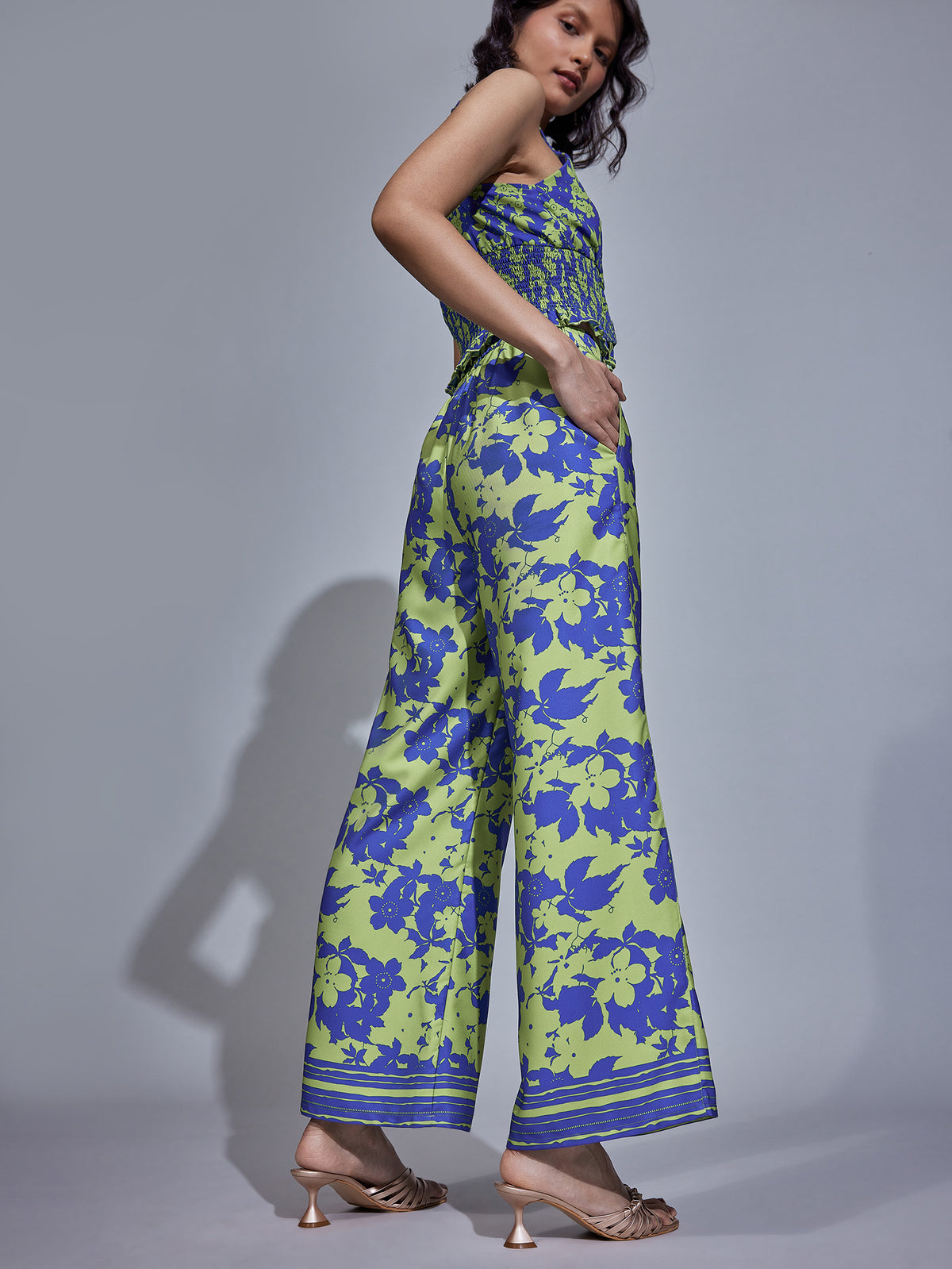 Blue & Pear Floral Print Flare Pants